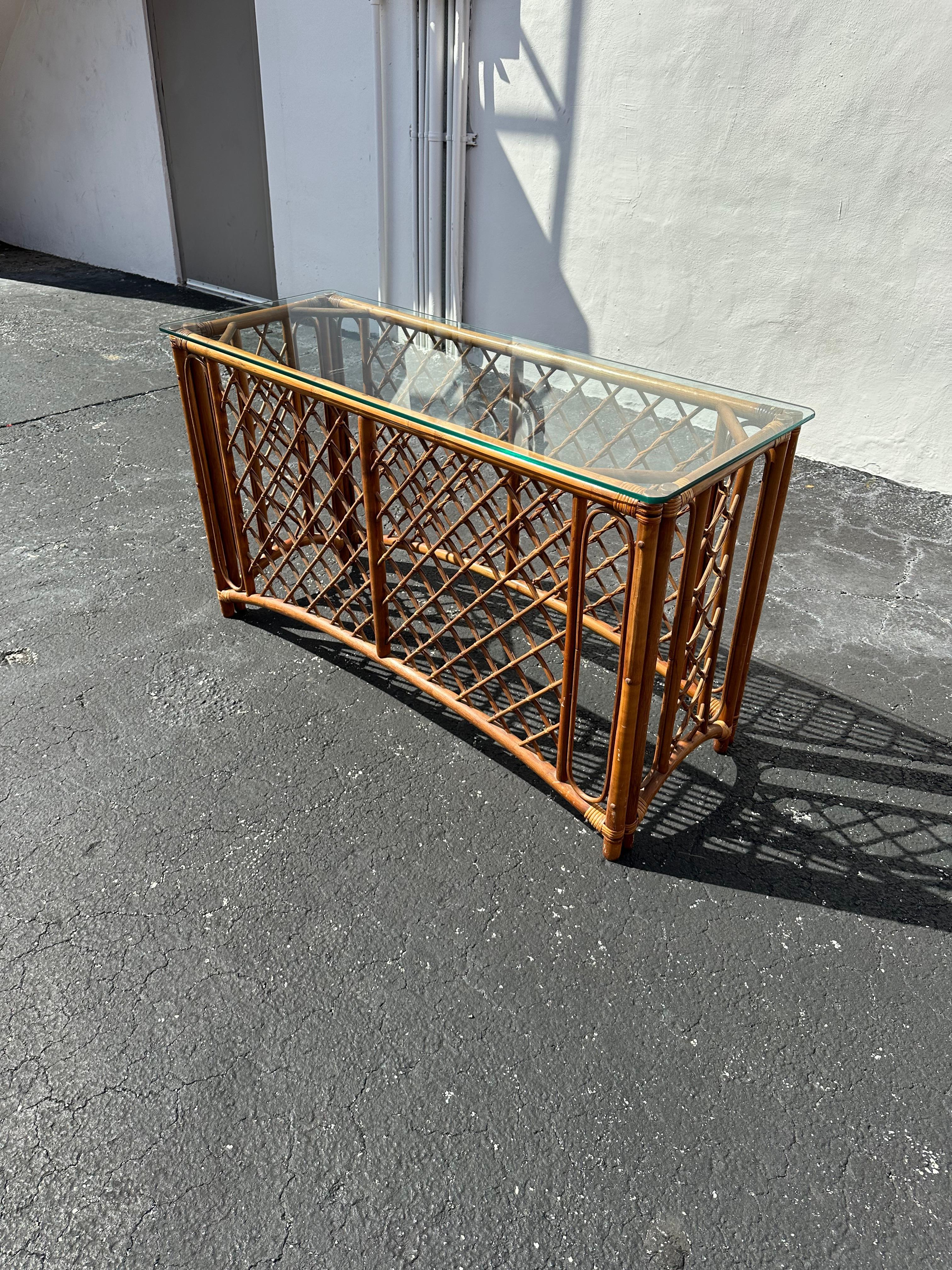 Late 20th Century 1970s Organic Lattice Rattan Console Table For Sale