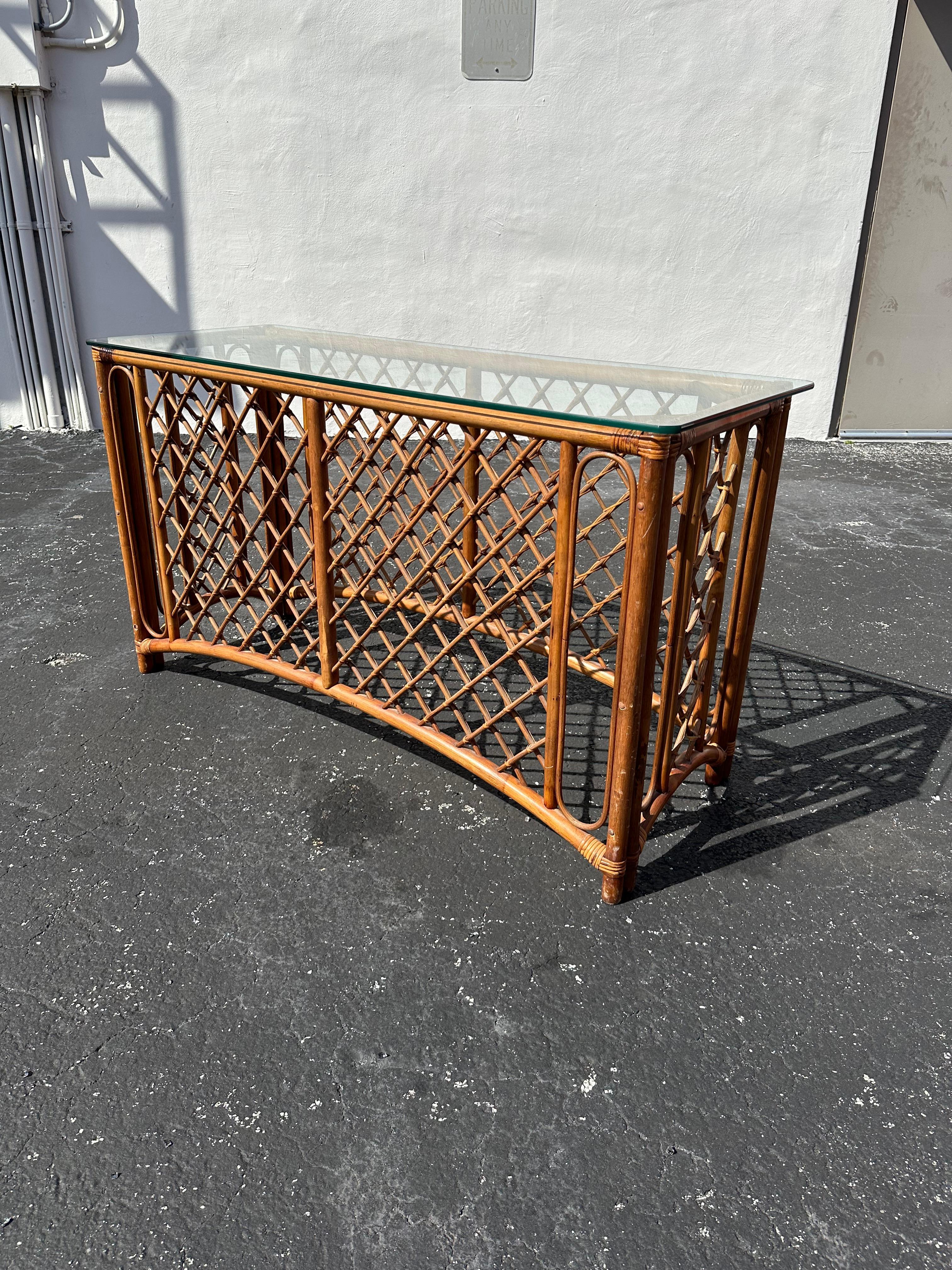 1970s Organic Lattice Rattan Console Table For Sale 1