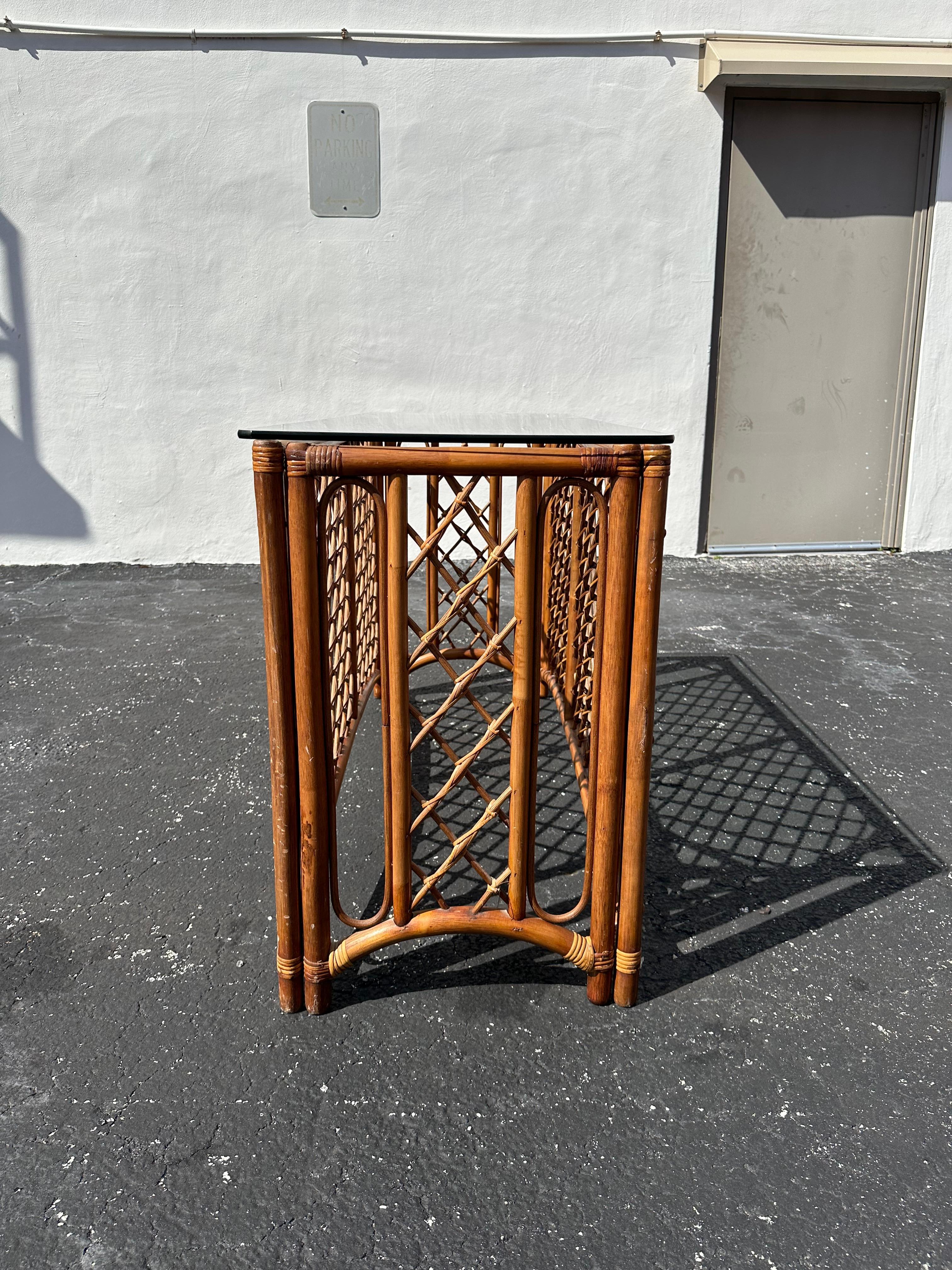 1970s Organic Lattice Rattan Console Table For Sale 2