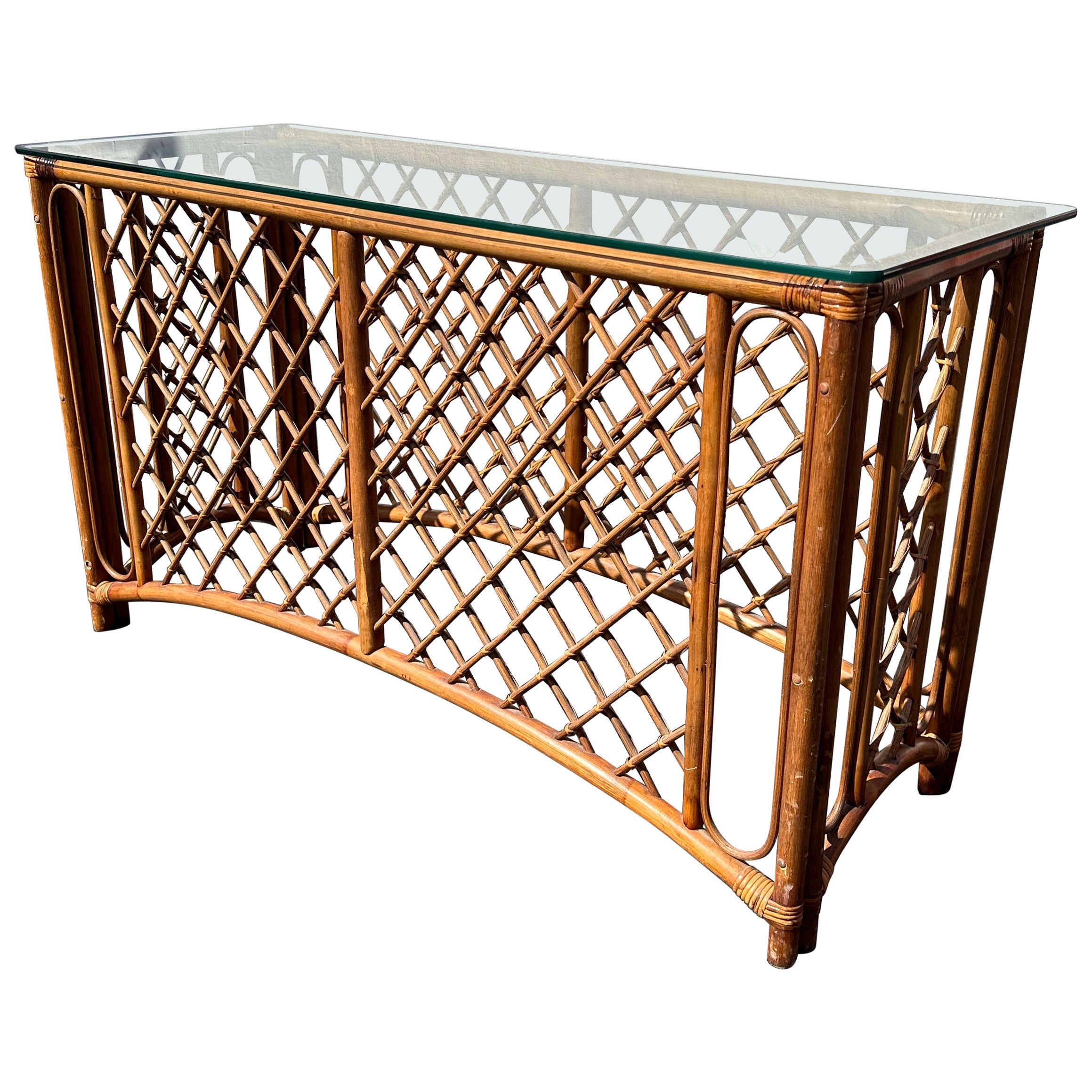 Tavolo consolle in rattan organico a reticolo degli anni '70