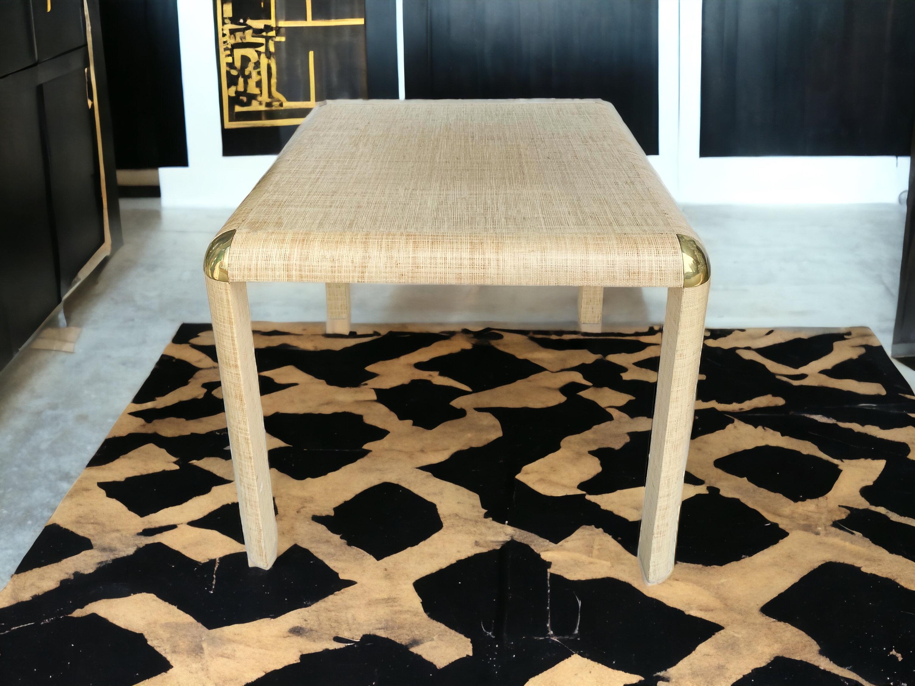 This is an organic modern grasscloth game table in the manner of Karl Springer. It has an curved Ming style leg and brass caps. It is unmarked.

My shipping is for the Continental US only, and it can run two to five weeks.