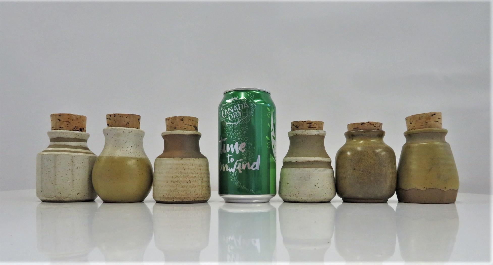 1970s Organic Modern Kitchen Wall Spice Rack with Pottery Jars Cork Tops 6