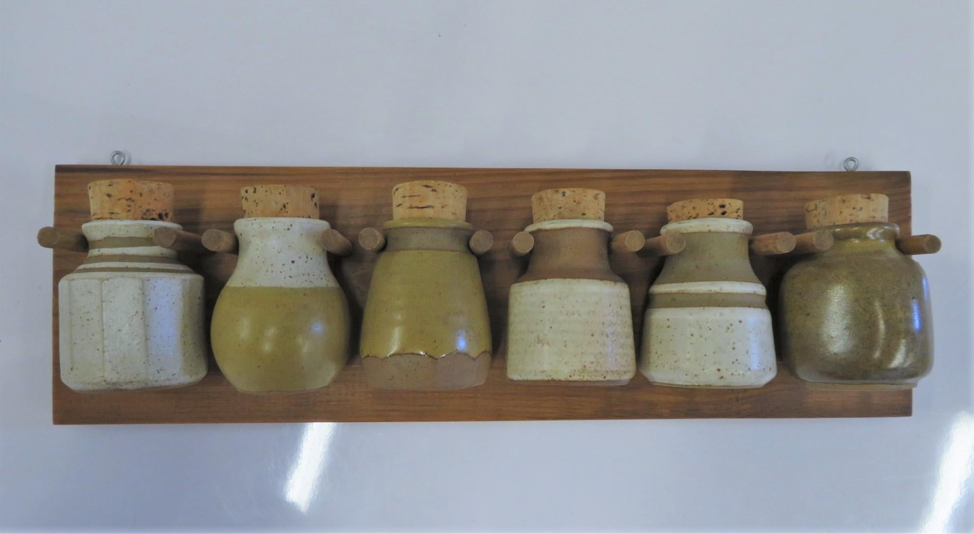 1970s Organic Modern Kitchen Wall Spice Rack with Pottery Jars Cork Tops 8