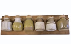 1970s Organic Modern Kitchen Wall Spice Rack with Pottery Jars Cork Tops