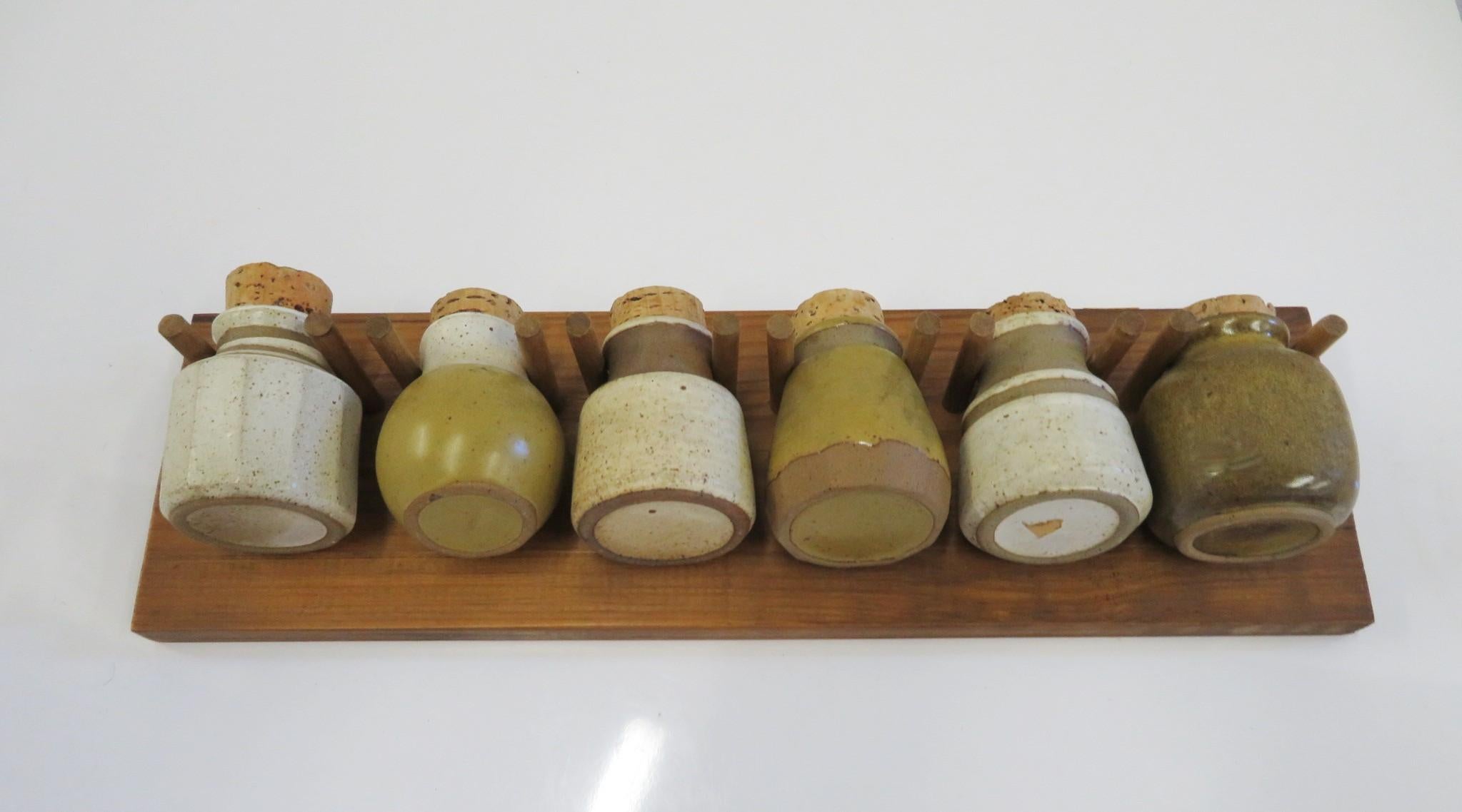 American 1970s Organic Modern Kitchen Wall Spice Rack with Pottery Jars Cork Tops