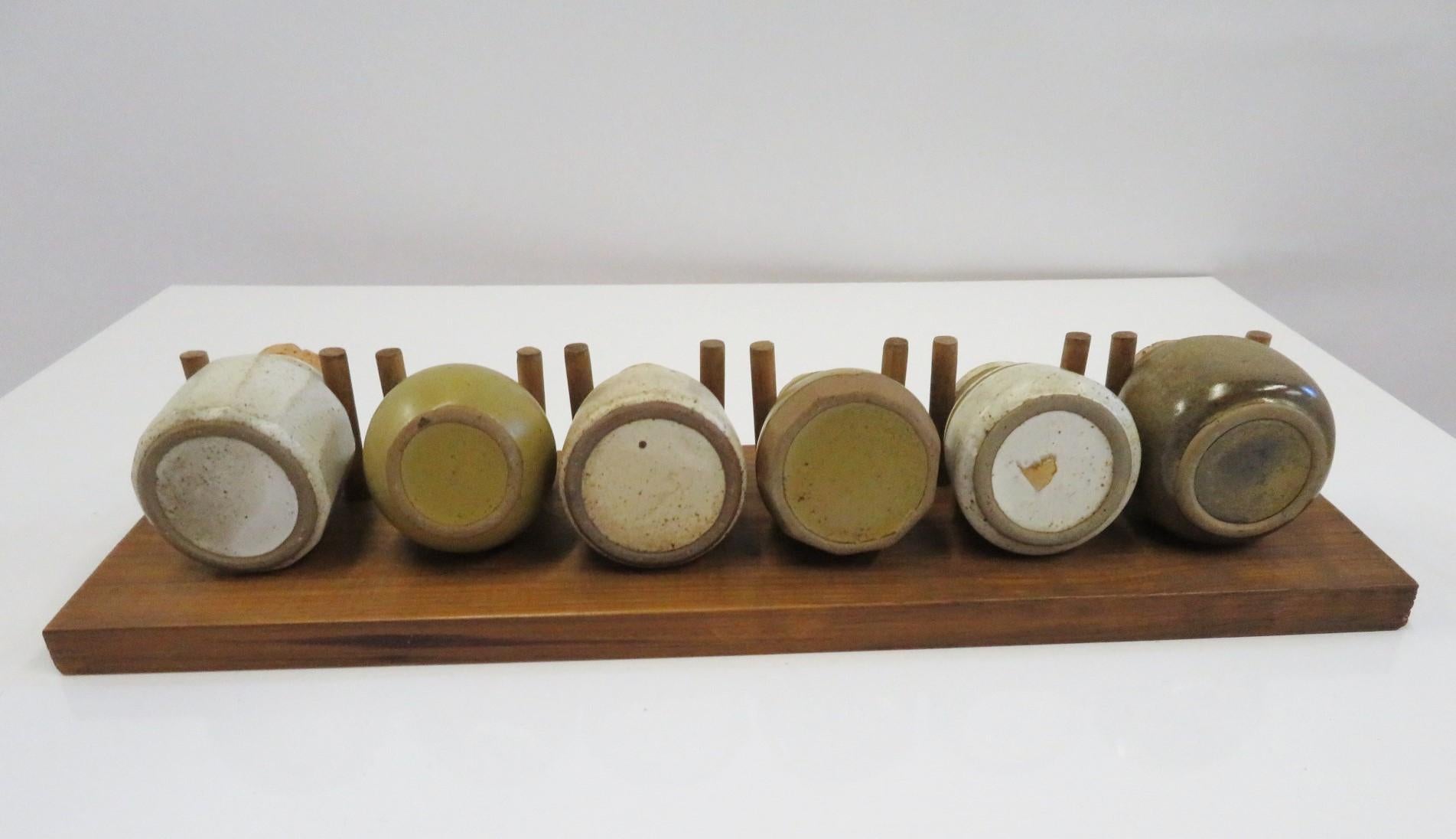 Late 20th Century 1970s Organic Modern Kitchen Wall Spice Rack with Pottery Jars Cork Tops