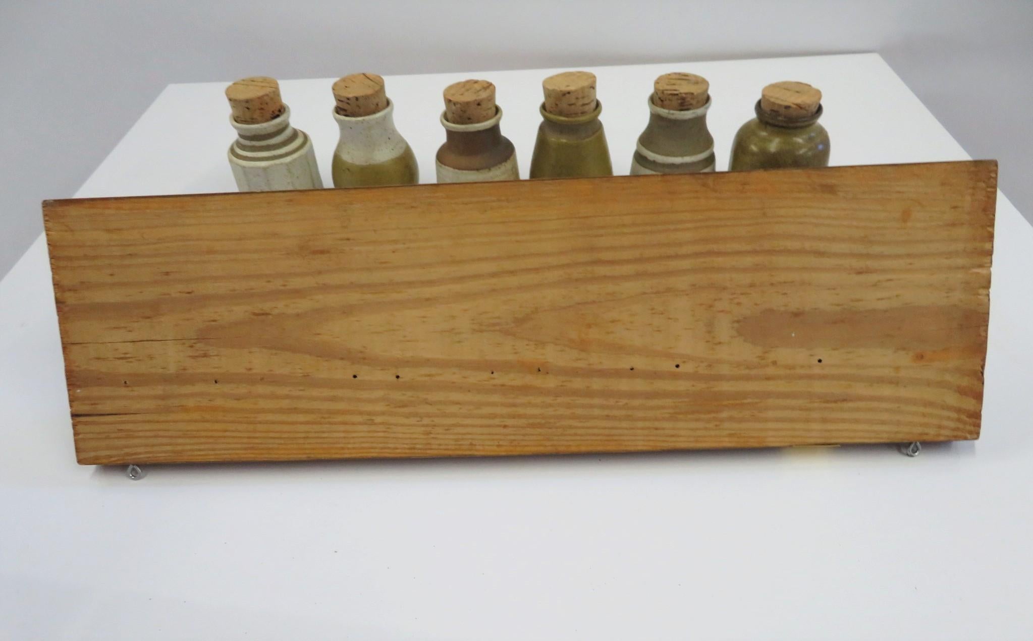 1970s Organic Modern Kitchen Wall Spice Rack with Pottery Jars Cork Tops 1