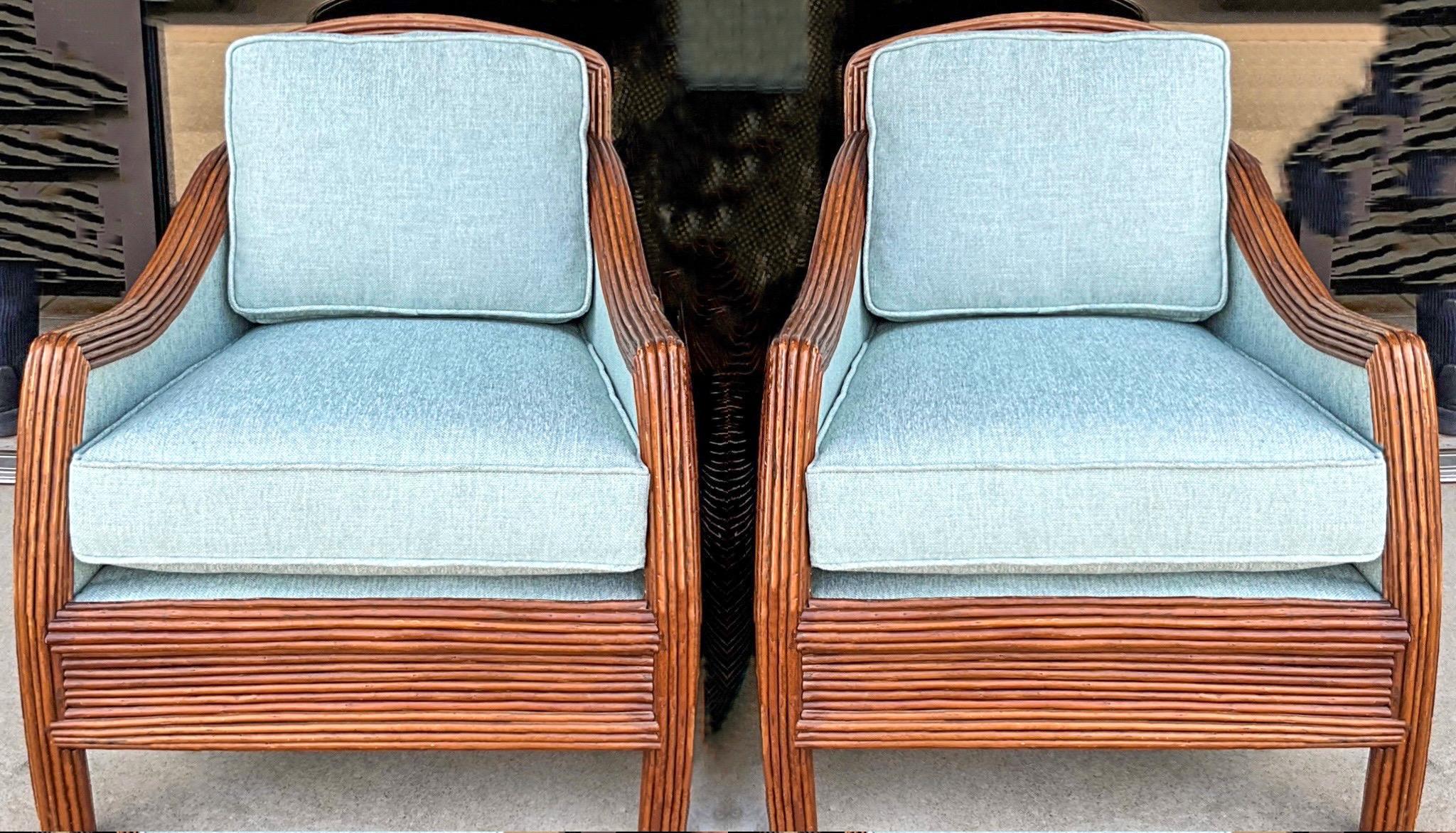 This is a fantastic pair of large organic modern pencil bamboo club chairs in new linen blend upholstery. The upholstery is Crypton, a high performance fabric. The arms are 21.5 inches in height.

My shipping is for the Continental US only.