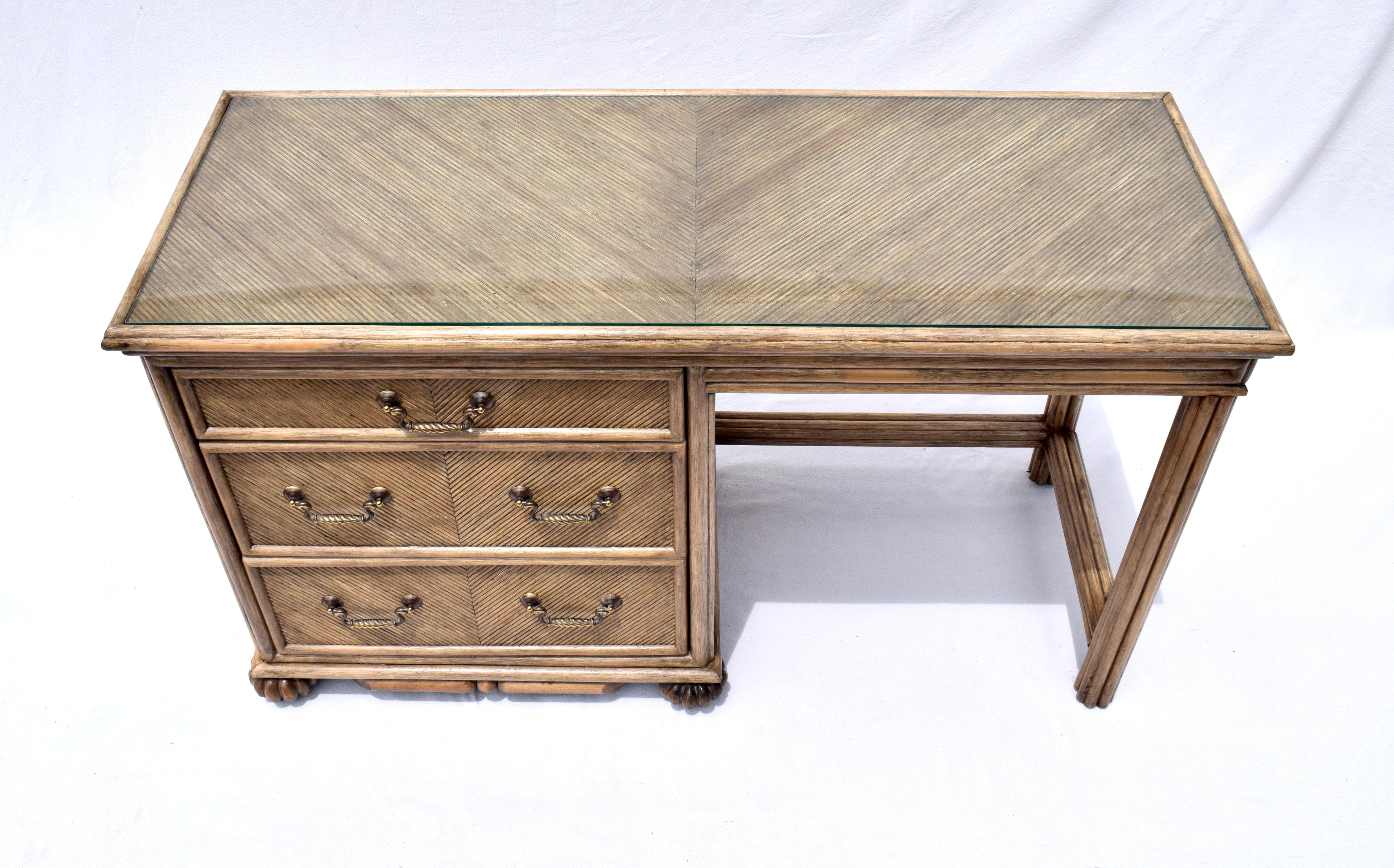 Vintage Coastal Chevron Rattan Writing Desk For Sale 6