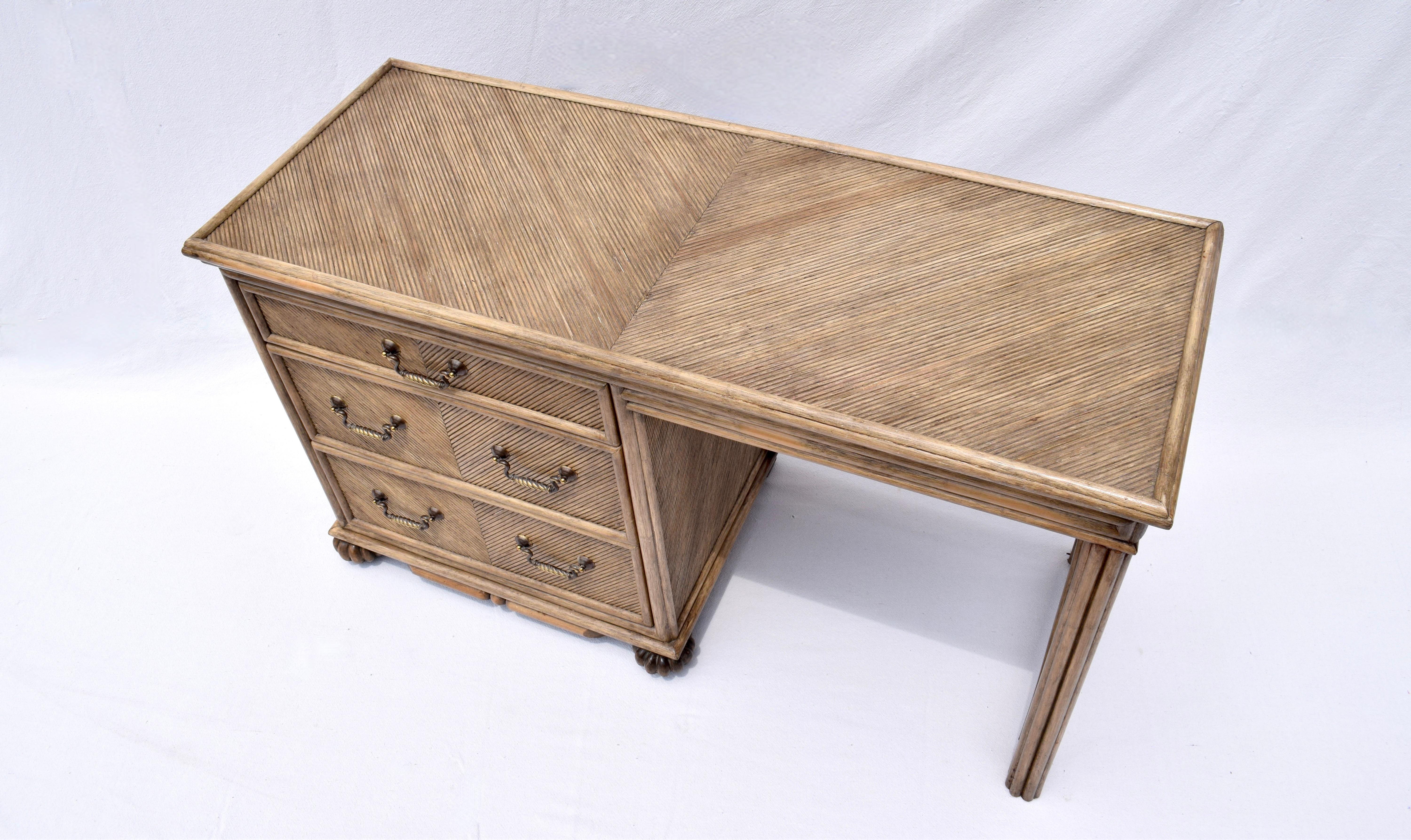 Organic Modern Vintage Coastal Chevron Rattan Writing Desk For Sale