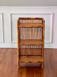 1970s Organic Modern Three-Tier Small Etagere in Burnt Bamboo and Rattan