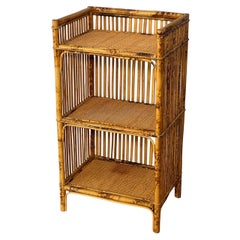 1970s Organic Modern Three-Tier Small Etagere in Burnt Bamboo and Rattan