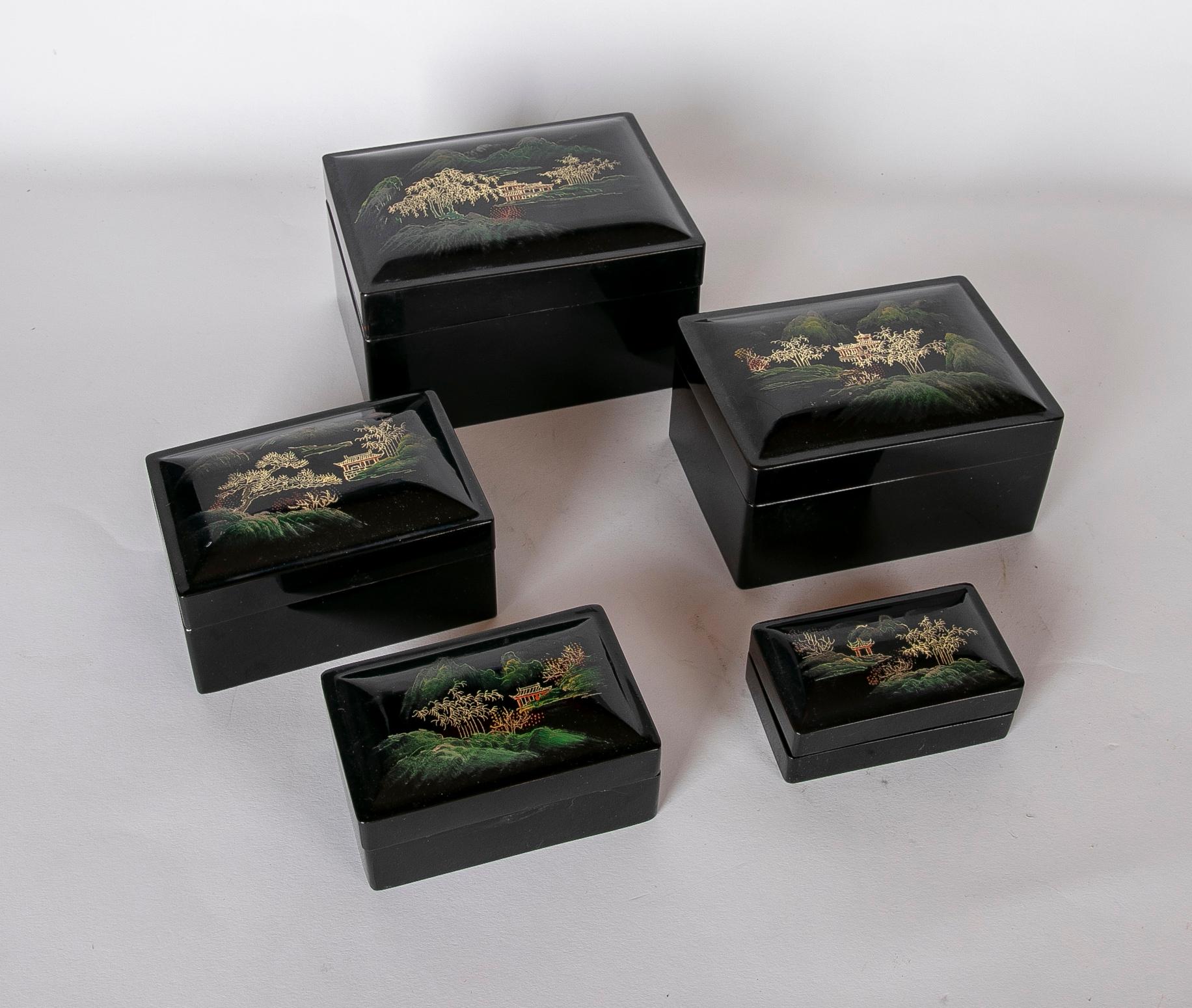 Asian 1970s Oriental Set of Five Hand-Painted  Lacquer Boxes  For Sale