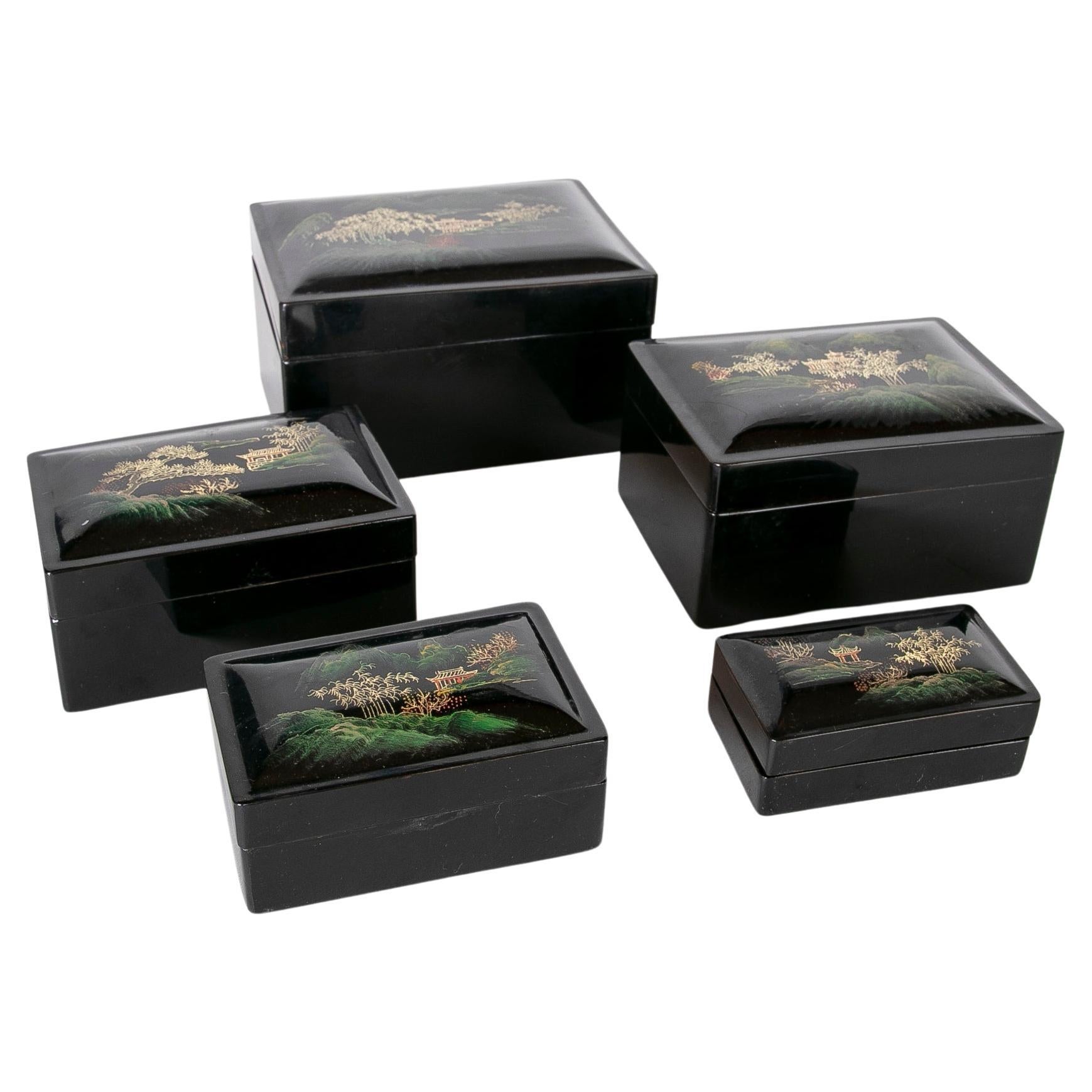 1970s Oriental Set of Five Hand-Painted  Lacquer Boxes  For Sale