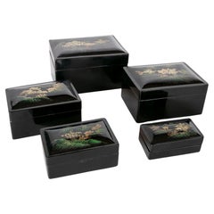 1970s Oriental Set of Five Hand-Painted  Lacquer Boxes 