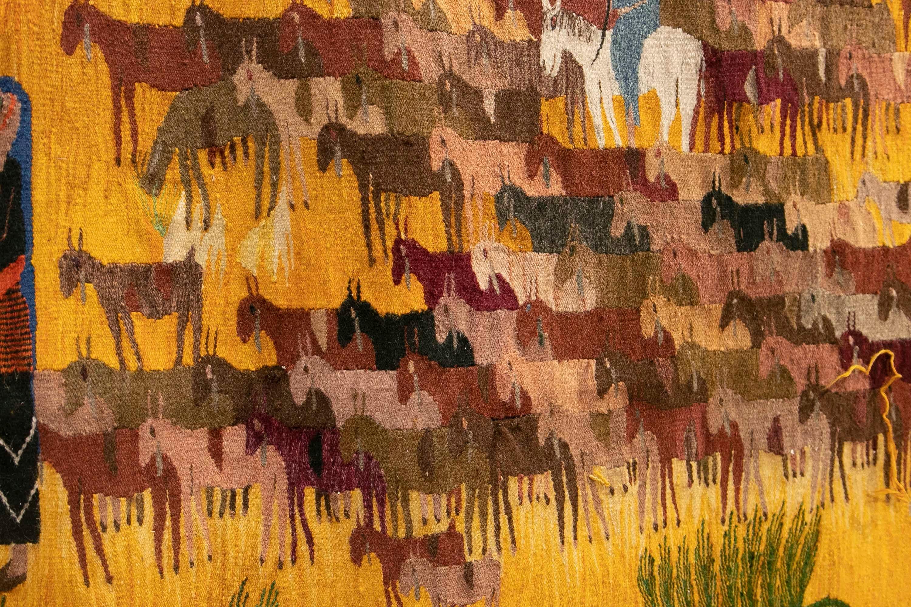 Handgefertigter Wandteppich im orientalischen Stil der 1970er Jahre mit einem Hirten mit seinen Tieren  5