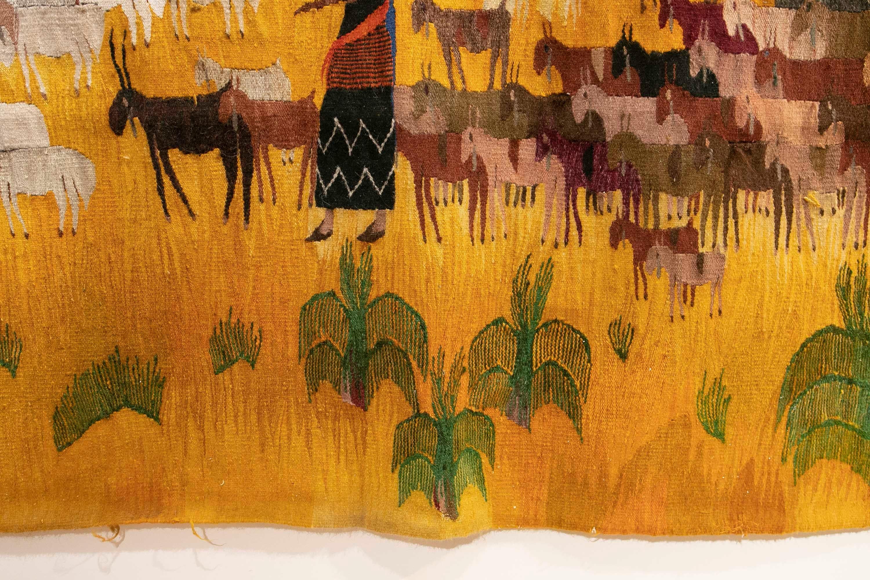 Handgefertigter Wandteppich im orientalischen Stil der 1970er Jahre mit einem Hirten mit seinen Tieren  im Zustand „Gut“ in Marbella, ES