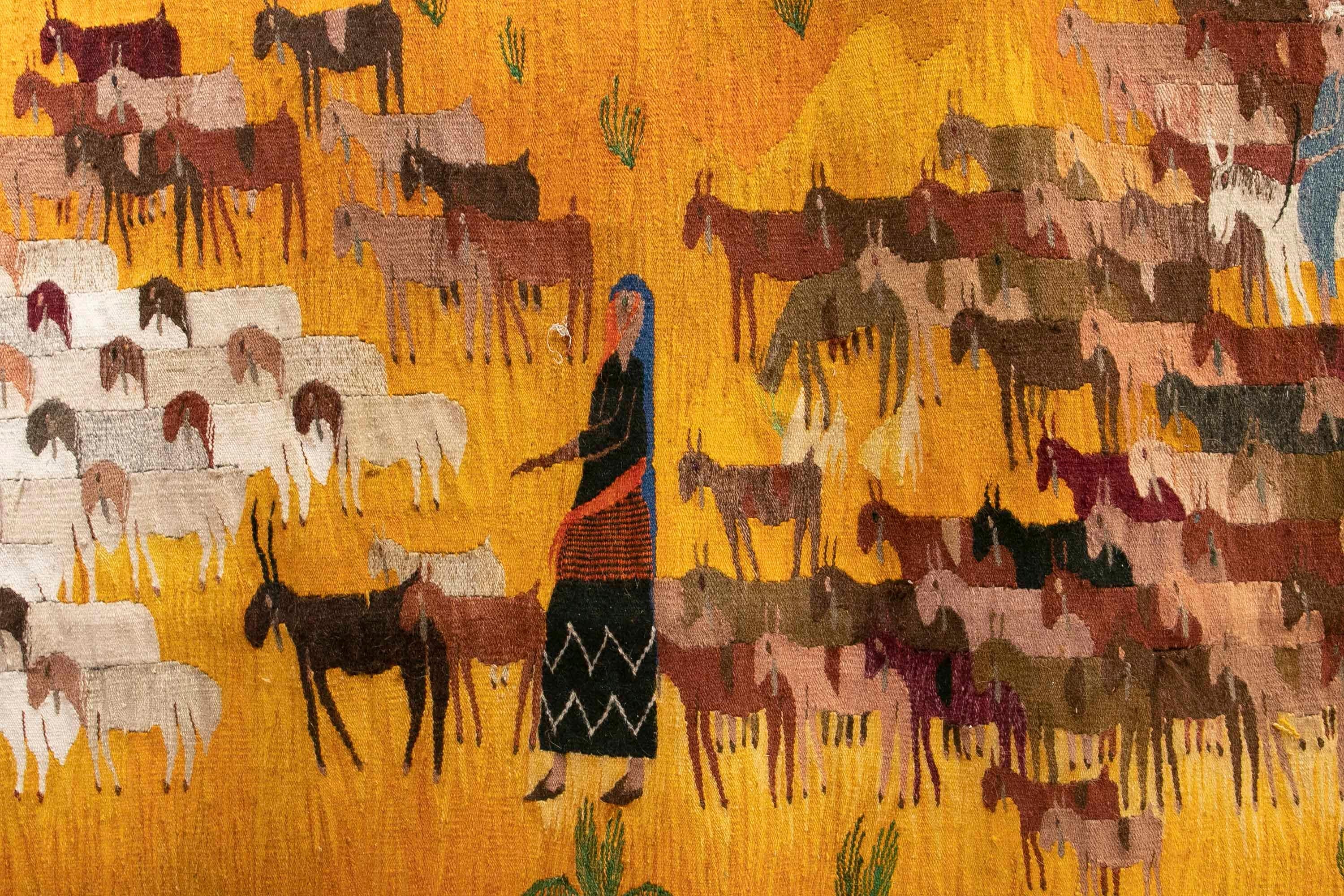 Handgefertigter Wandteppich im orientalischen Stil der 1970er Jahre mit einem Hirten mit seinen Tieren  (20. Jahrhundert)
