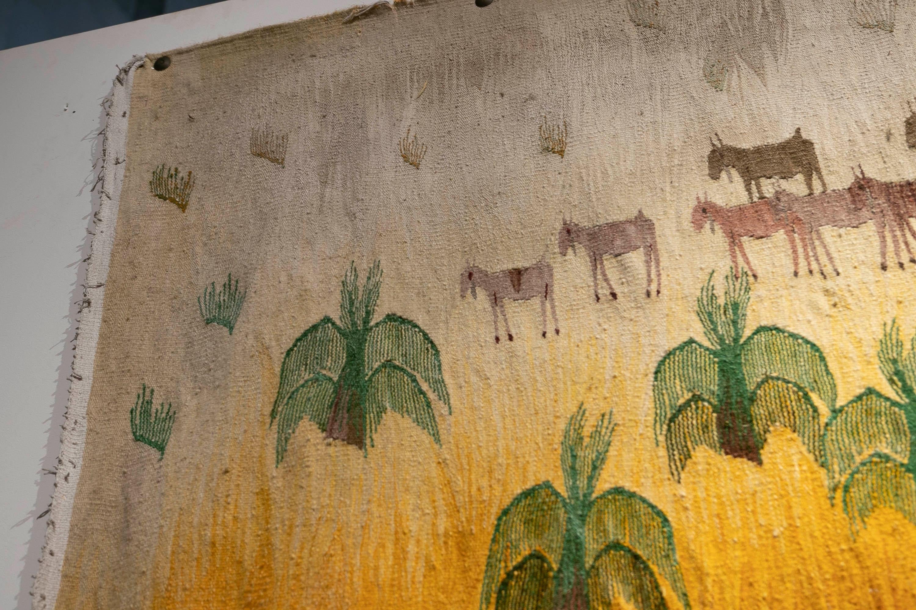 Handgefertigter Wandteppich im orientalischen Stil der 1970er Jahre mit einem Hirten mit seinen Tieren  2