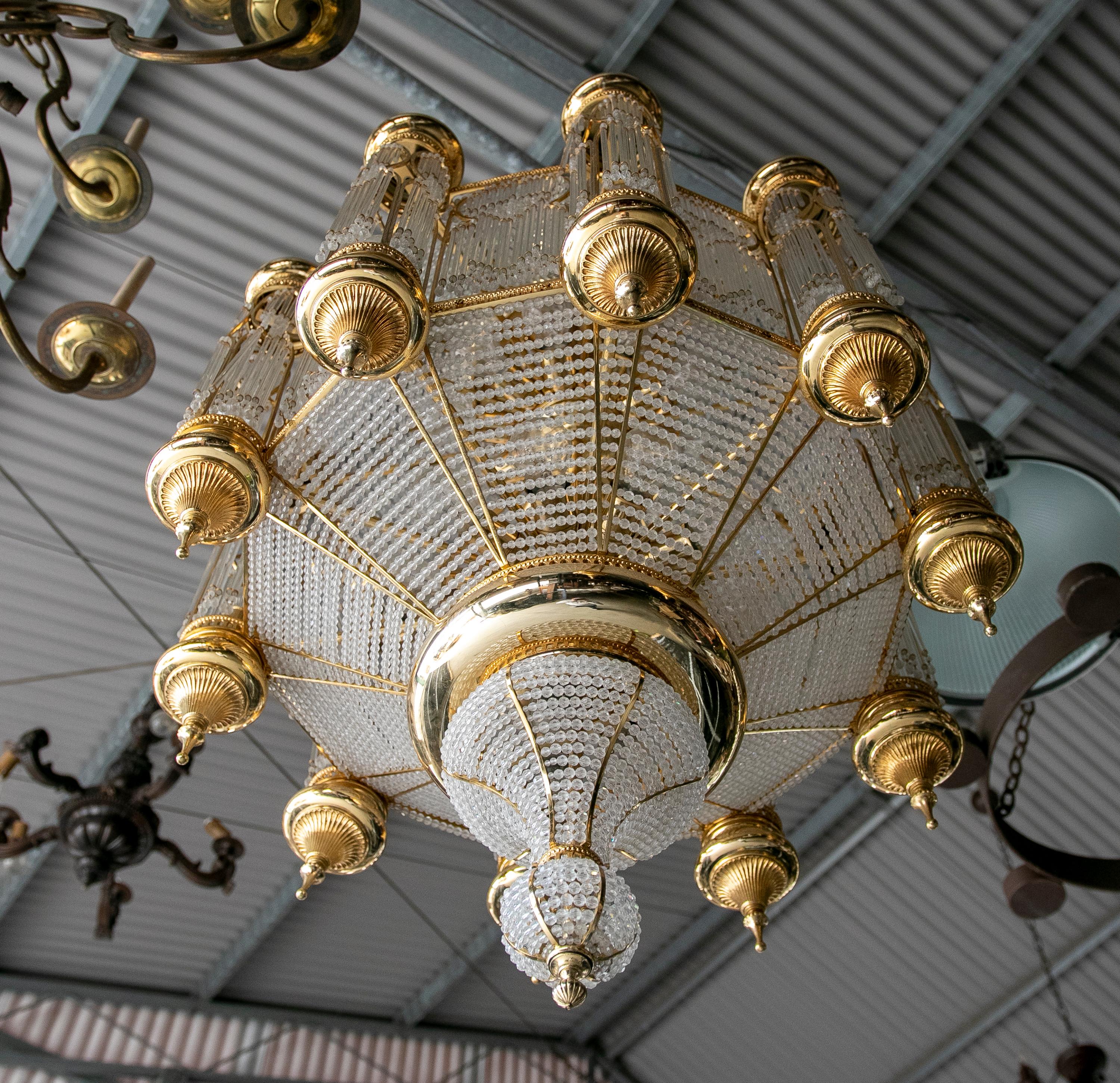 1970s Orientalist Style Ceiling Lamp in Gilded Brass and Crystal For Sale 7