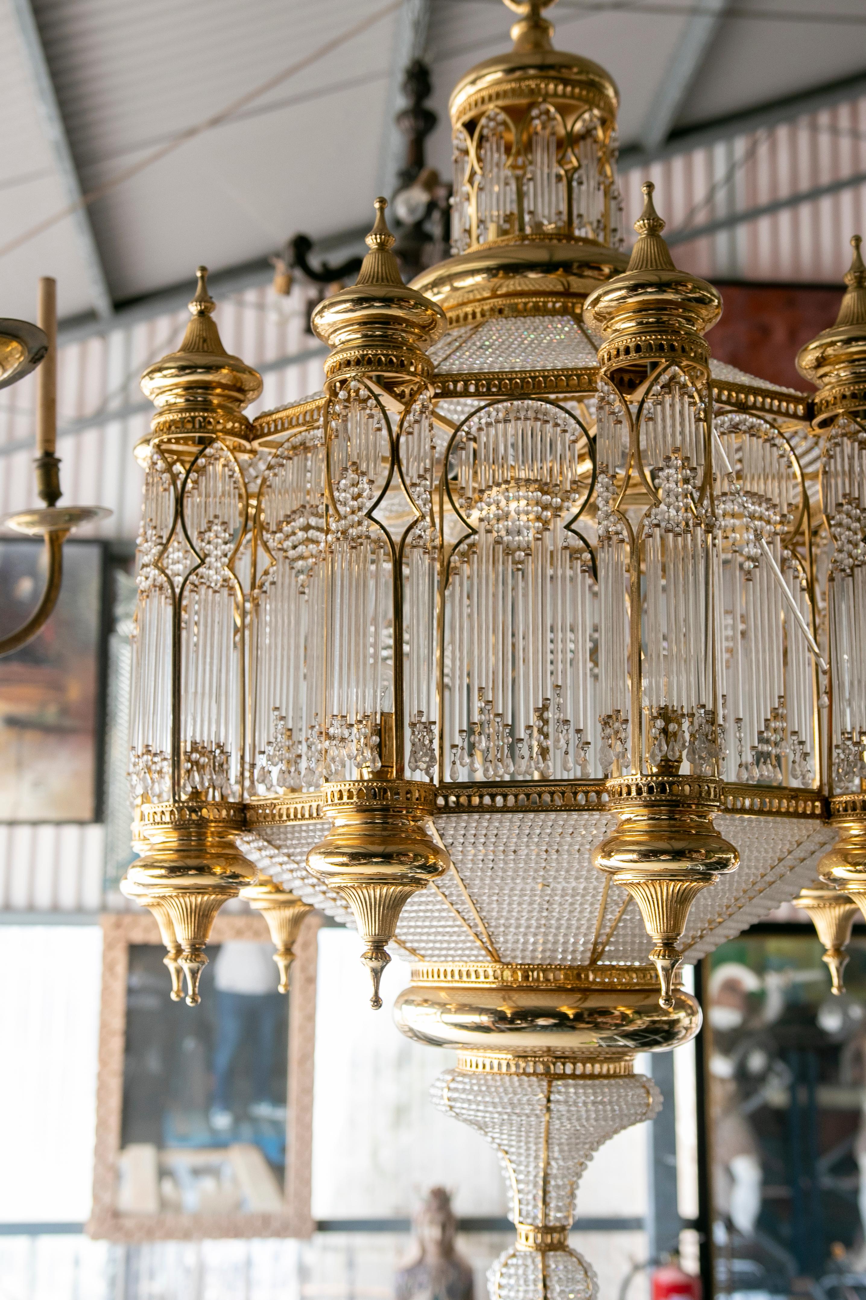 1970s Orientalist Style Ceiling Lamp in Gilded Brass and Crystal.