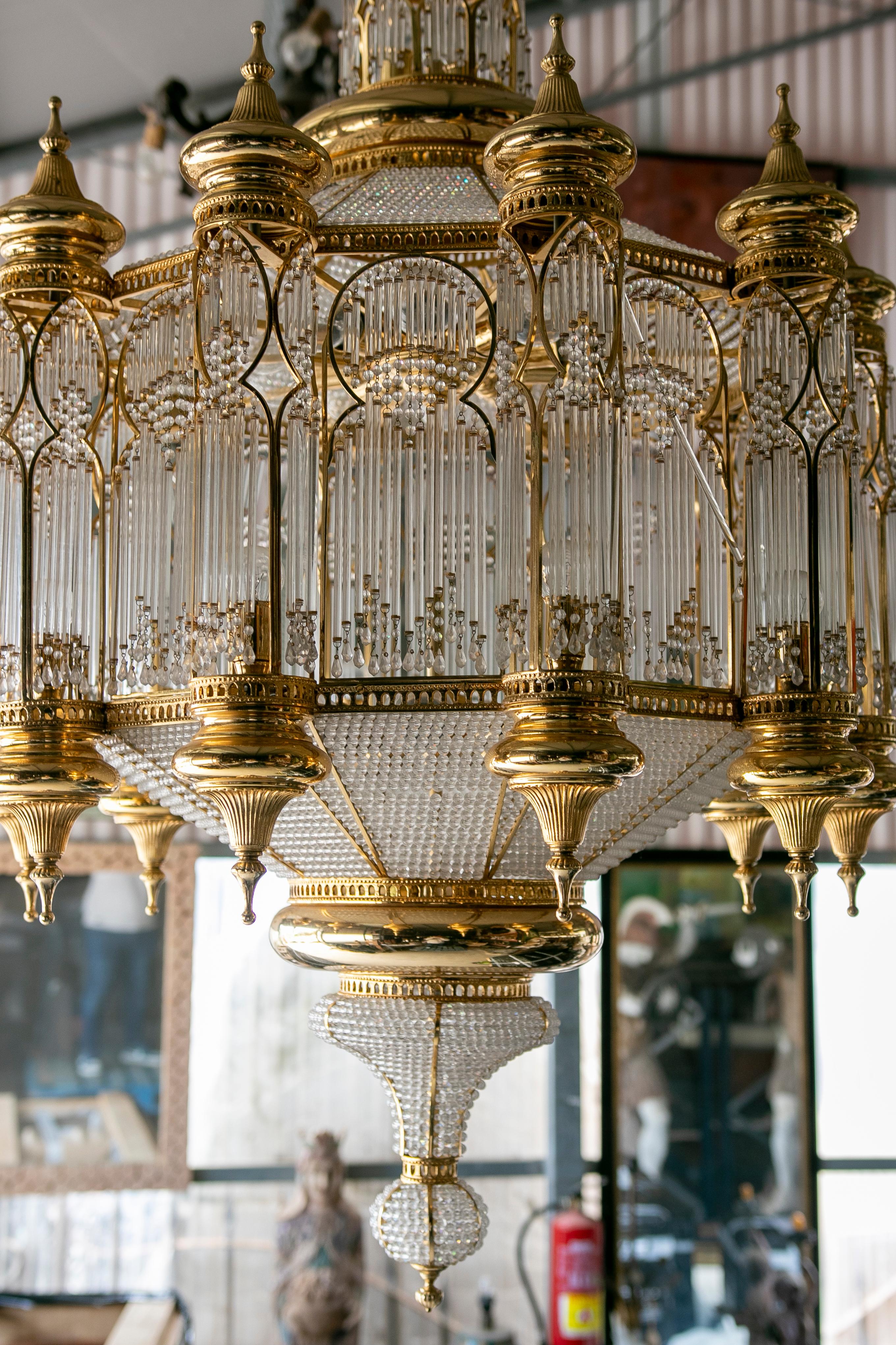 Italian 1970s Orientalist Style Ceiling Lamp in Gilded Brass and Crystal For Sale