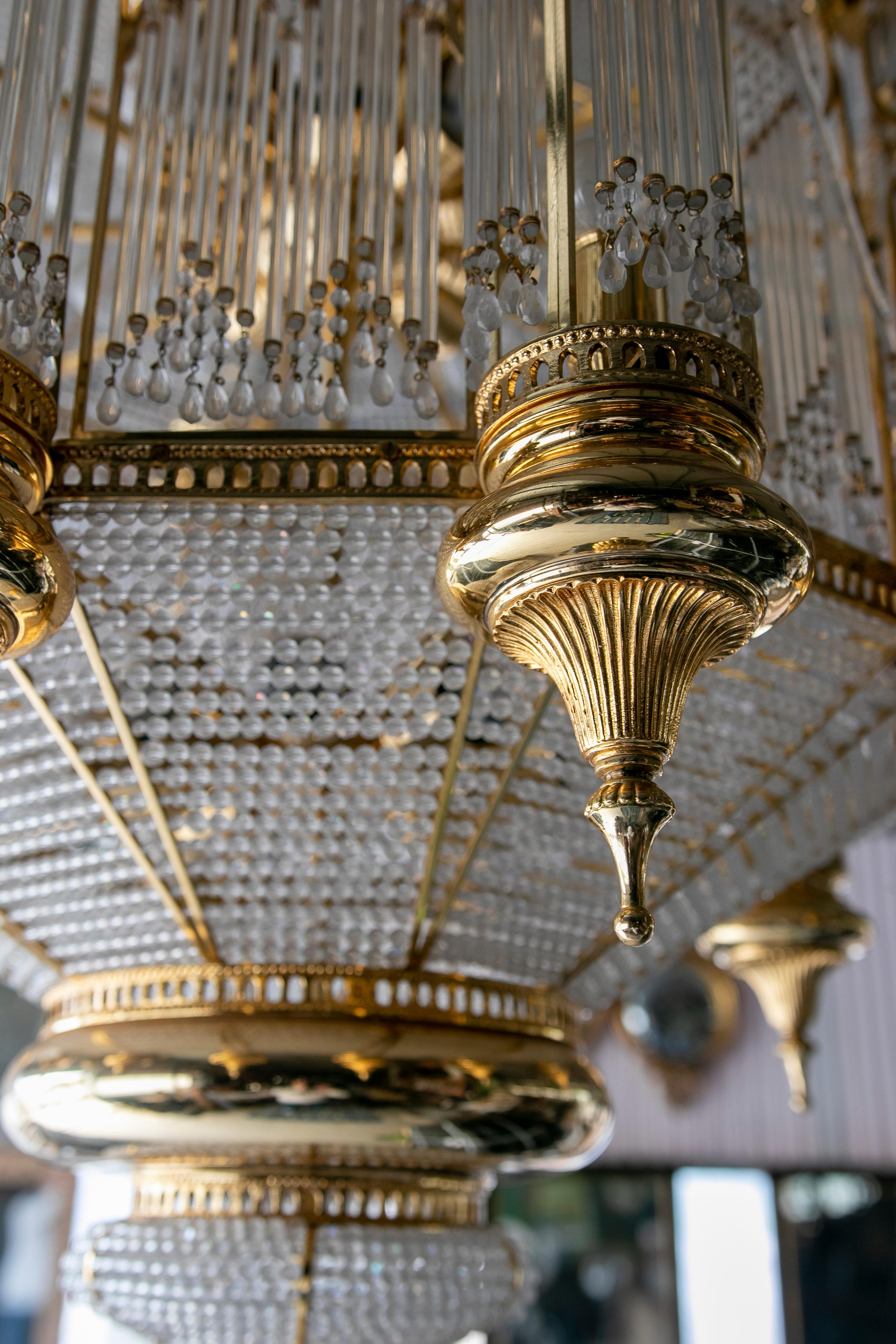 Copper 1970s Orientalist Style Ceiling Lamp in Gilded Brass and Crystal For Sale