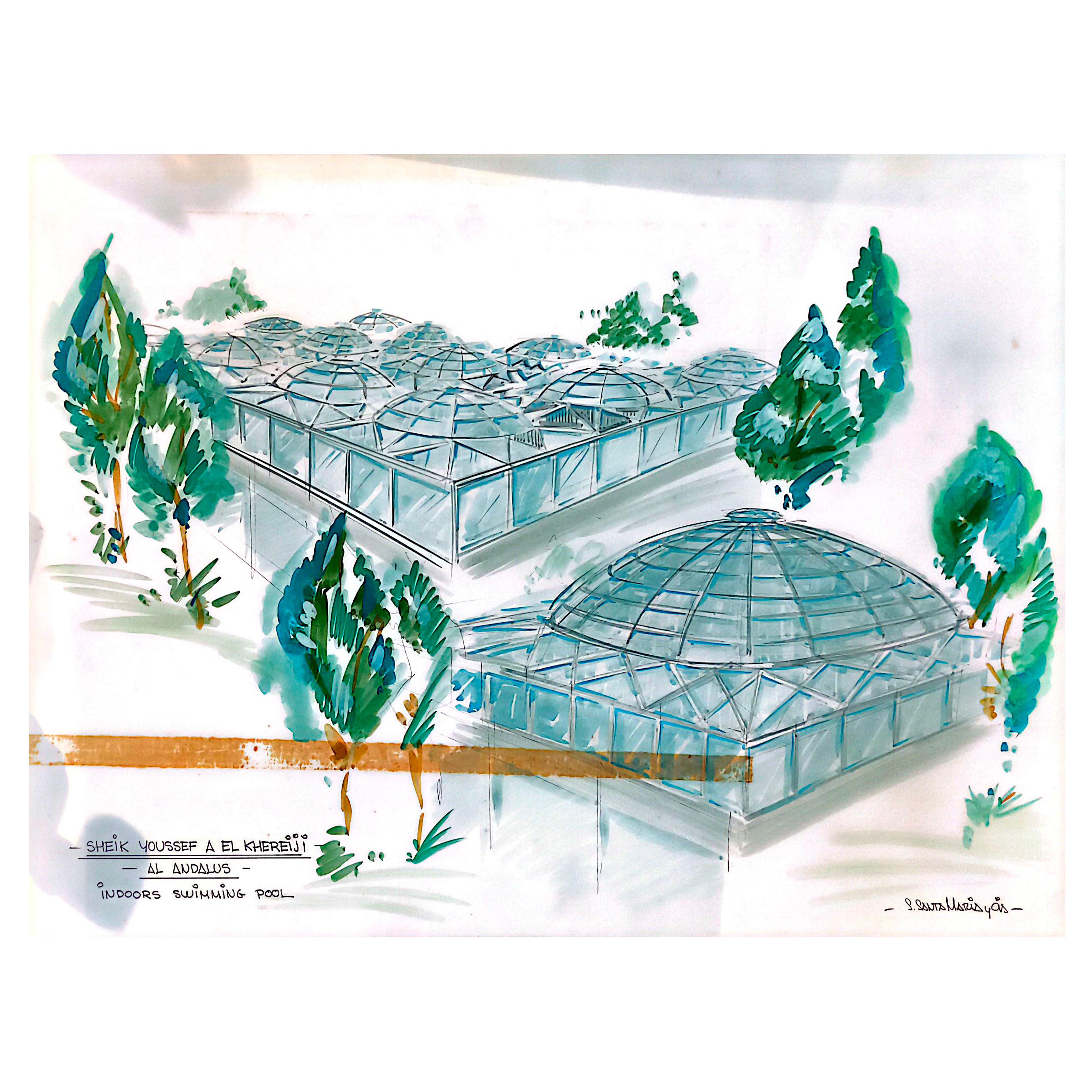 1970s Original Architectural Drawing of an Indoor Swimming Pool for Sheikh Youss