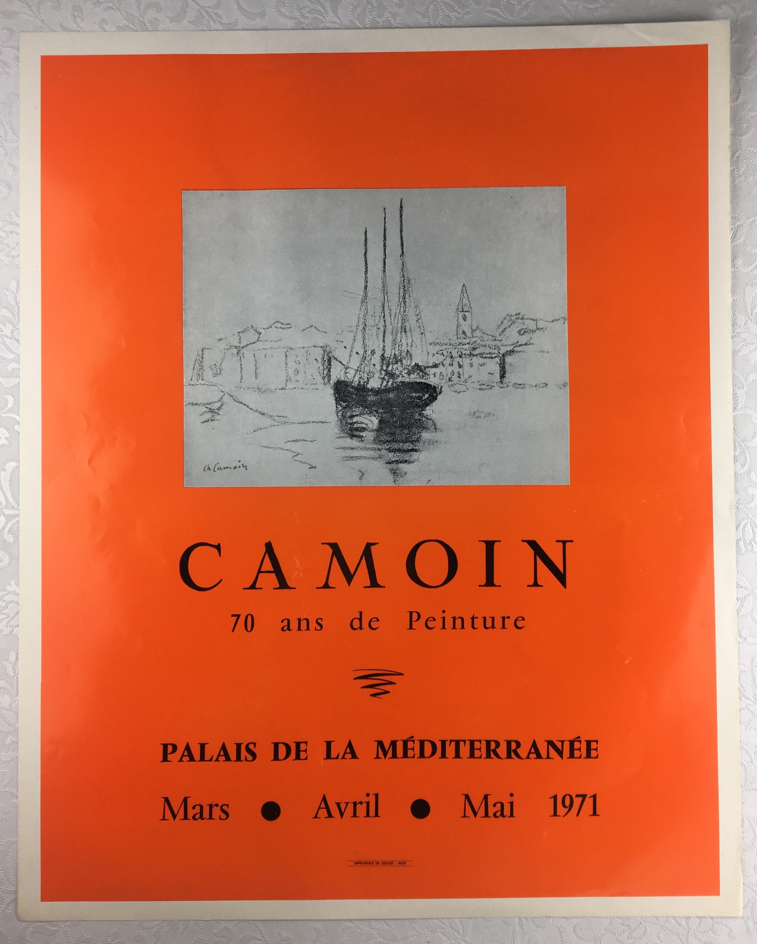 Original vintage poster from an exhibit of French painter, Charles Camoin, vivid orange color with beige highlights.

Charles Camoin (French: 23 September 1879-20 May 1965) was a French Expressionist landscape painter associated with the Fauves.