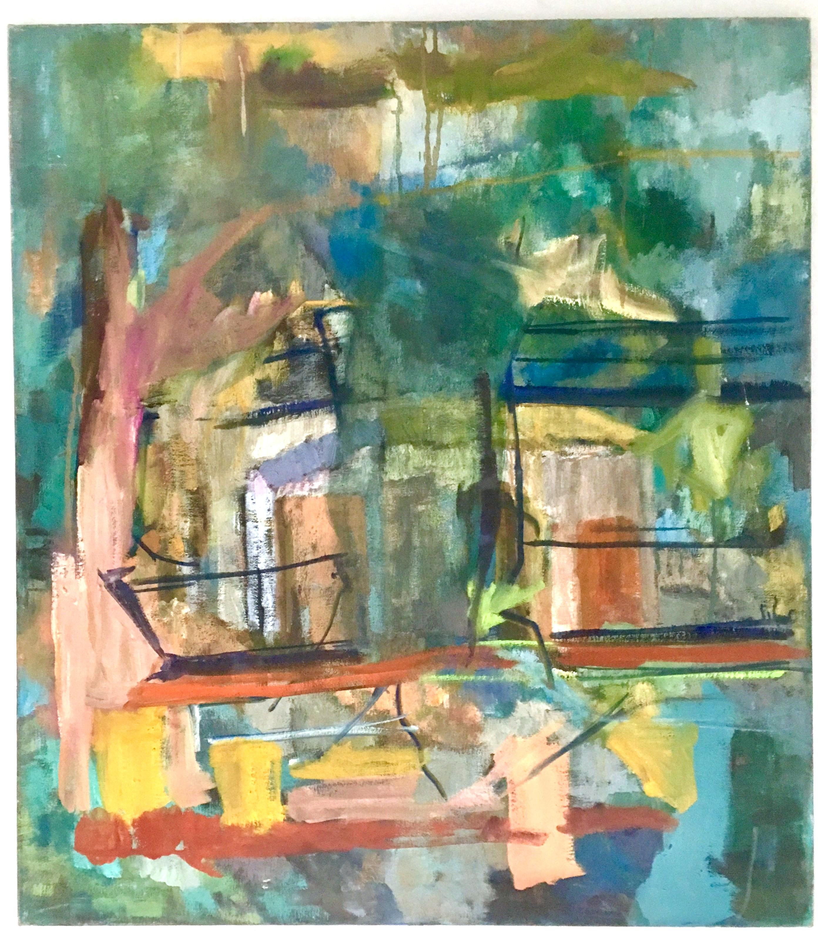 1970s original oil on canvas abstract painting by Lynn Reimholz. This stretched on wood back frame canvas abstract painting features a vibrant color palette of an abstract house.
Signed on the reverso, Reimholz.


 
