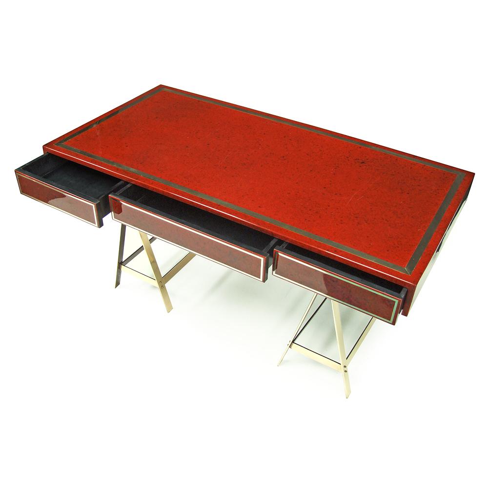 North American 1970s Original Red Lacquered Albrizzi Desk with Brass Trestle Legs and Inlay