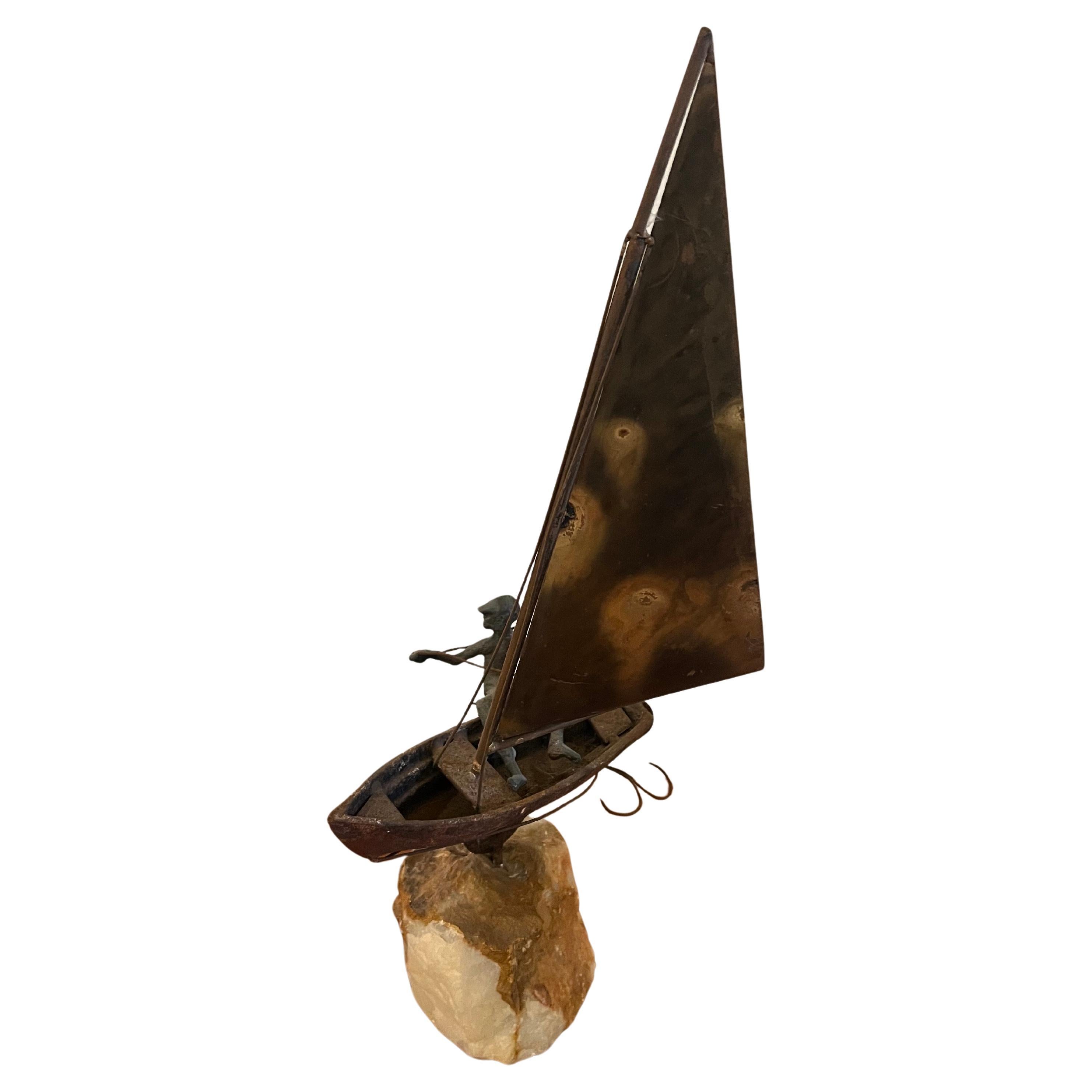 Mid-Century Modern 1970's Original Signed Bronze Sailboat on a Quartz Rock by Curtis Jere