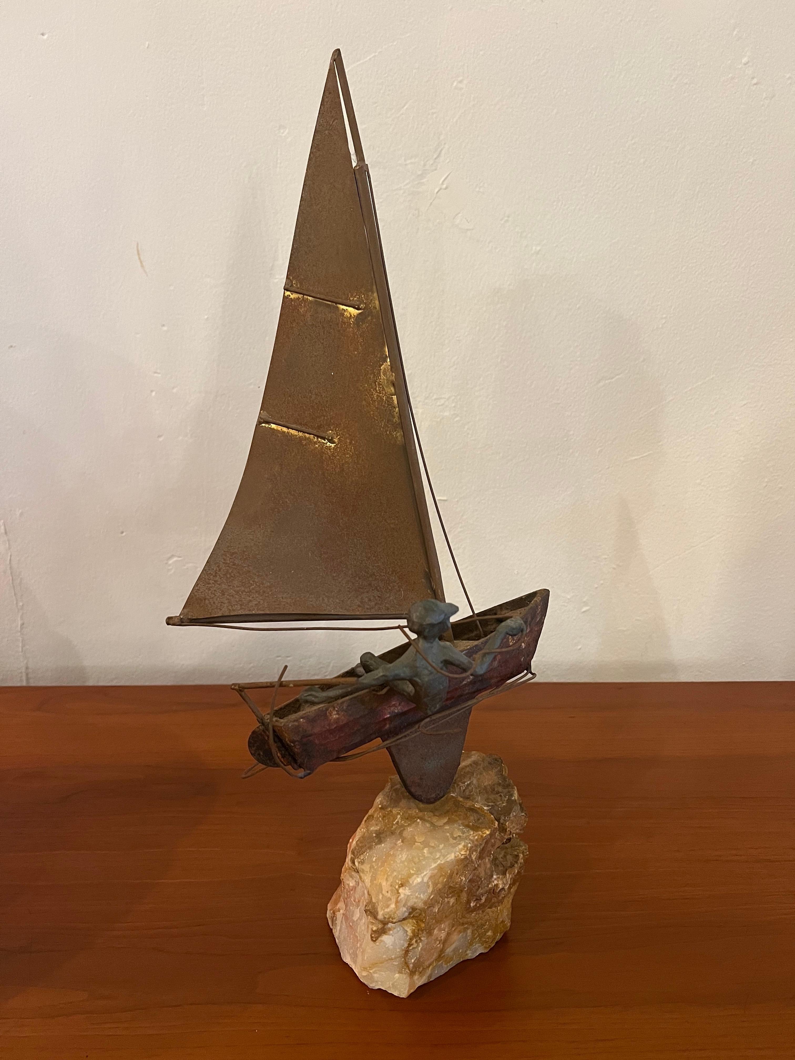 American 1970's Original Signed Bronze Sailboat on a Quartz Rock by Curtis Jere