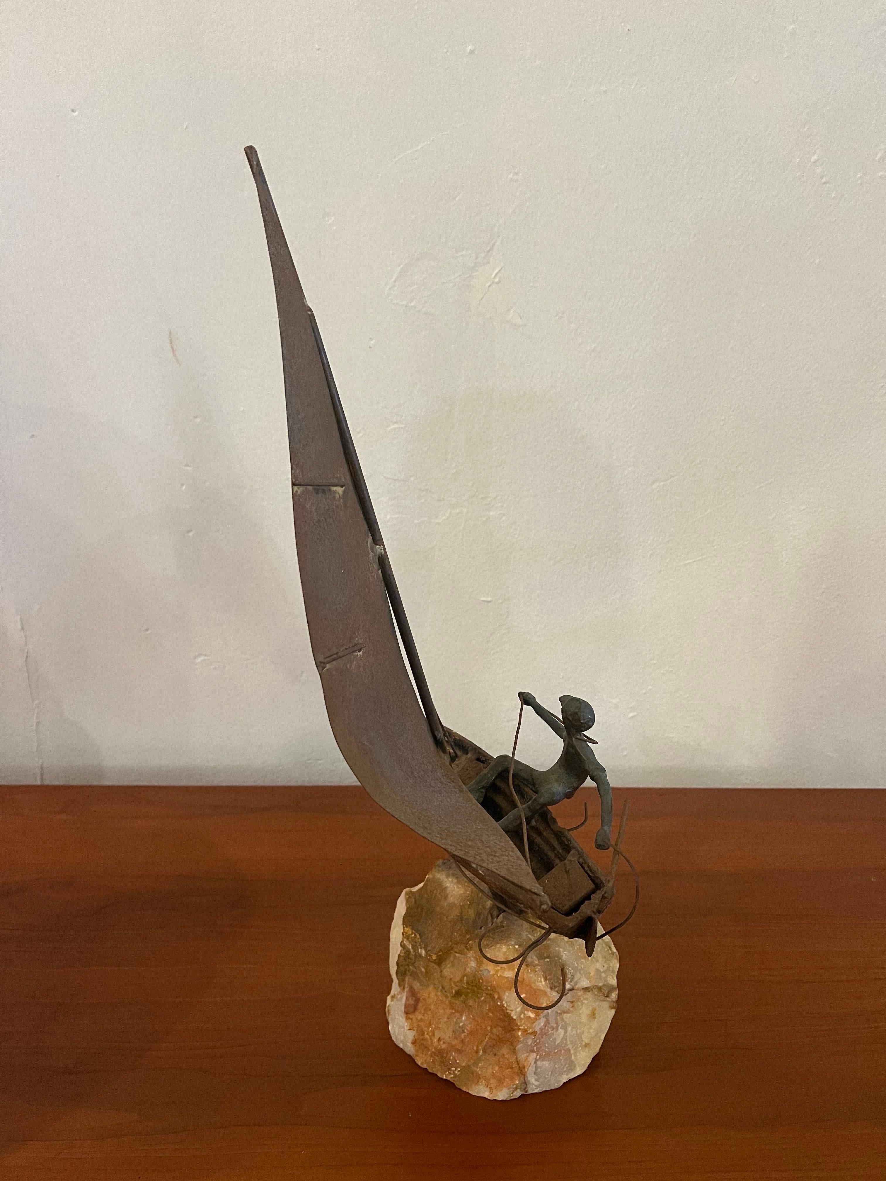 1970's Original Signed Bronze Sailboat on a Quartz Rock by Curtis Jere In Good Condition In San Diego, CA