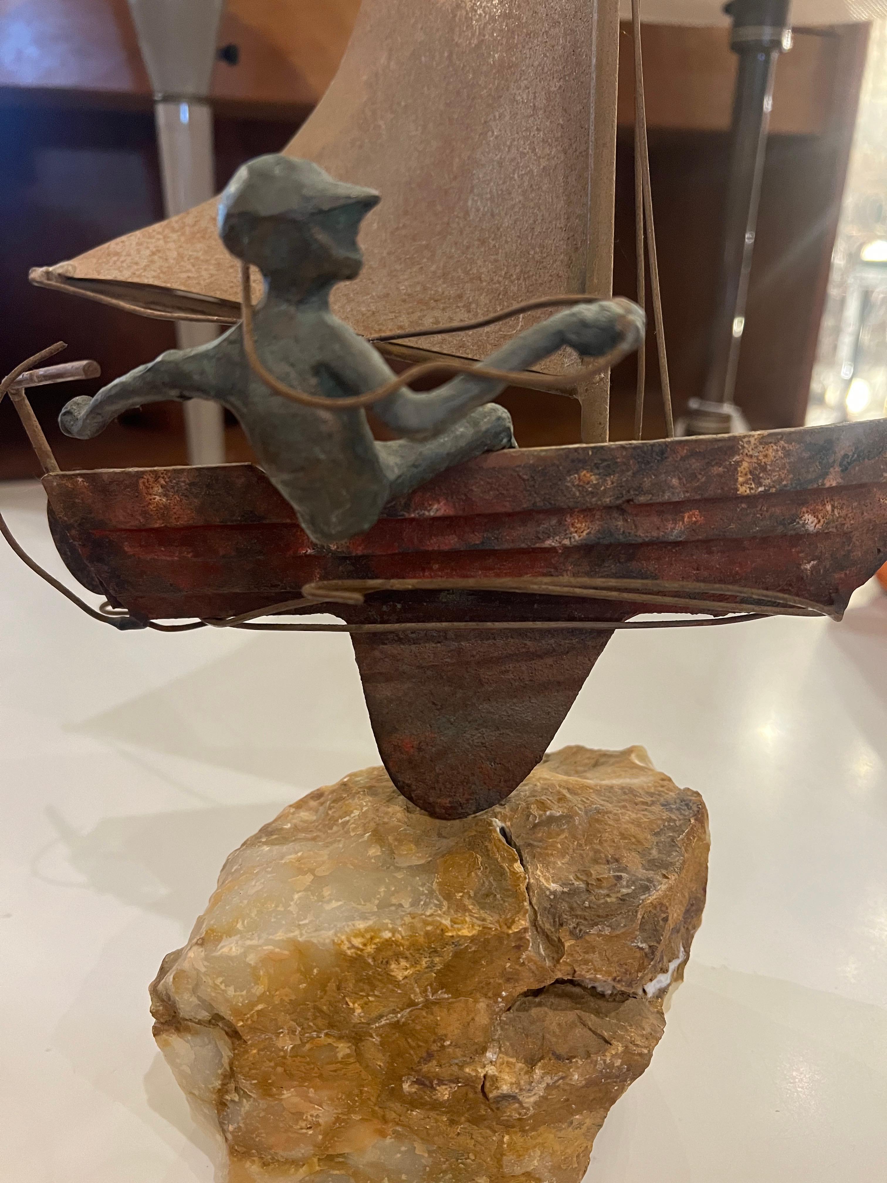 1970's Original Signed Bronze Sailboat on a Quartz Rock by Curtis Jere 1
