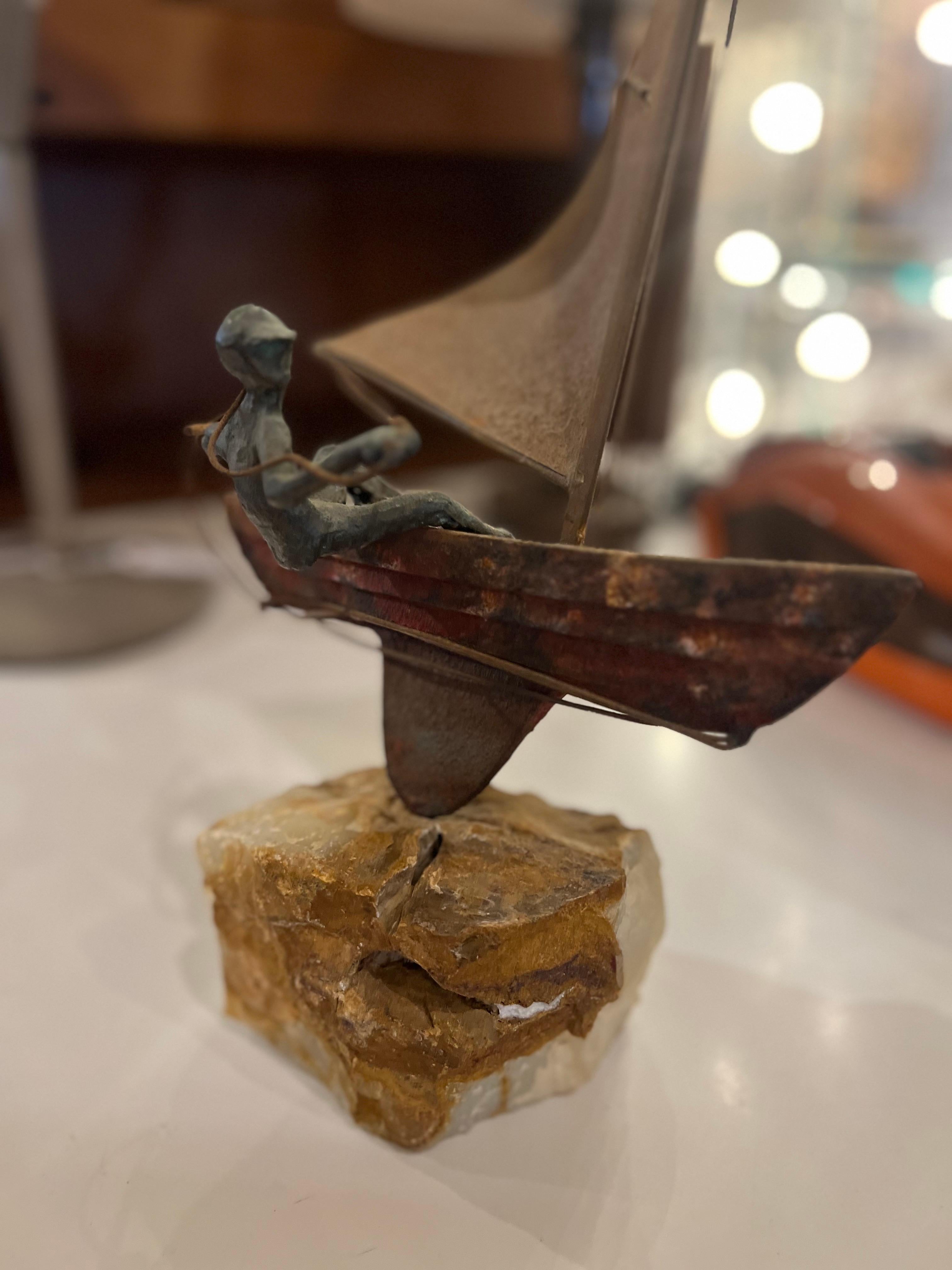 1970's Original Signed Bronze Sailboat on a Quartz Rock by Curtis Jere 2