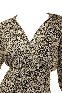 1970s Oscar de la Renta Navy and White Silk Wrap Dress with Floral Print