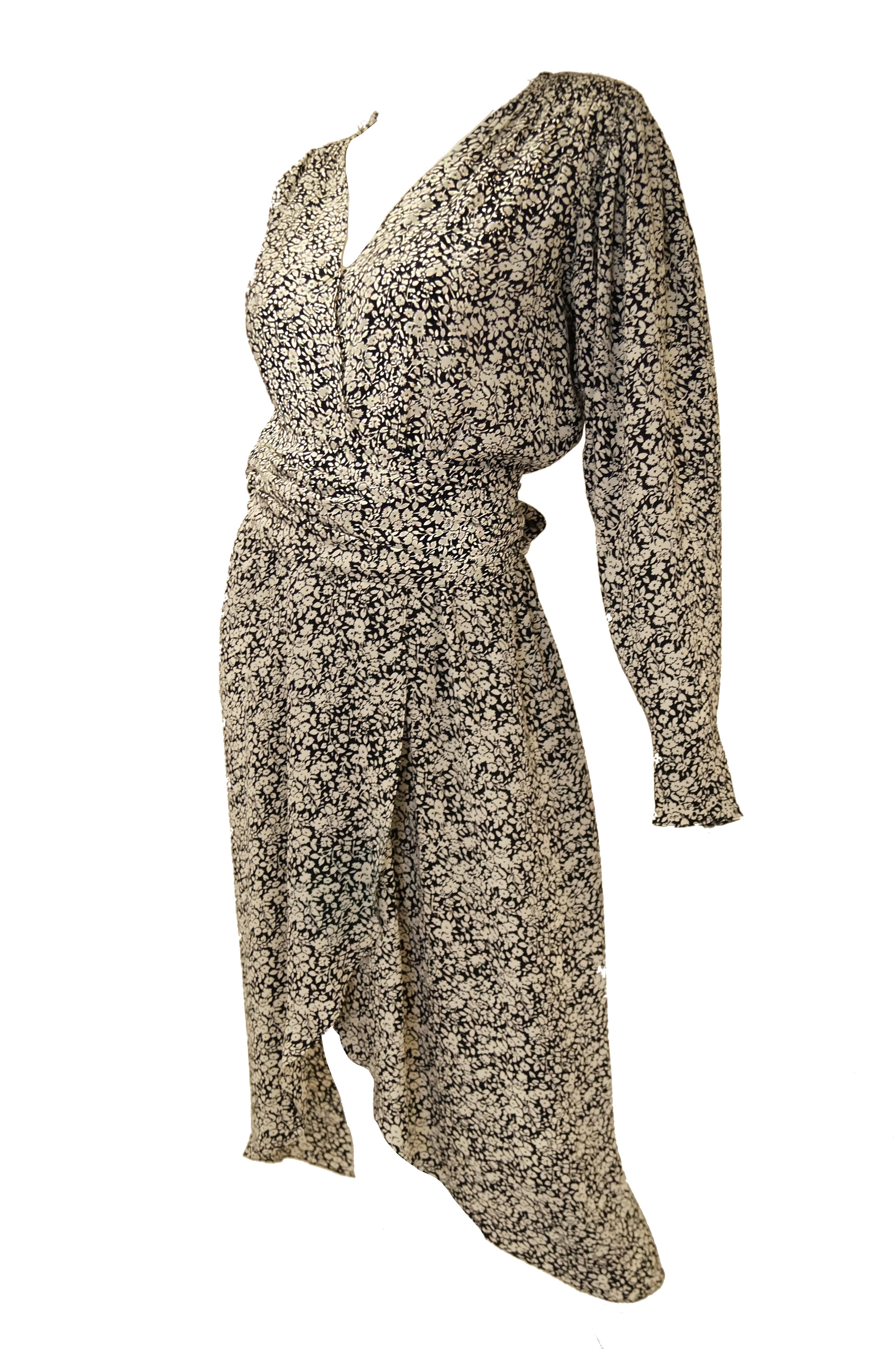 Brown 1970s Oscar de la Renta Navy and White Silk Wrap Dress with Floral Print For Sale