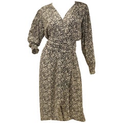 1970s Oscar de la Renta Navy and White Silk Wrap Dress with Floral Print