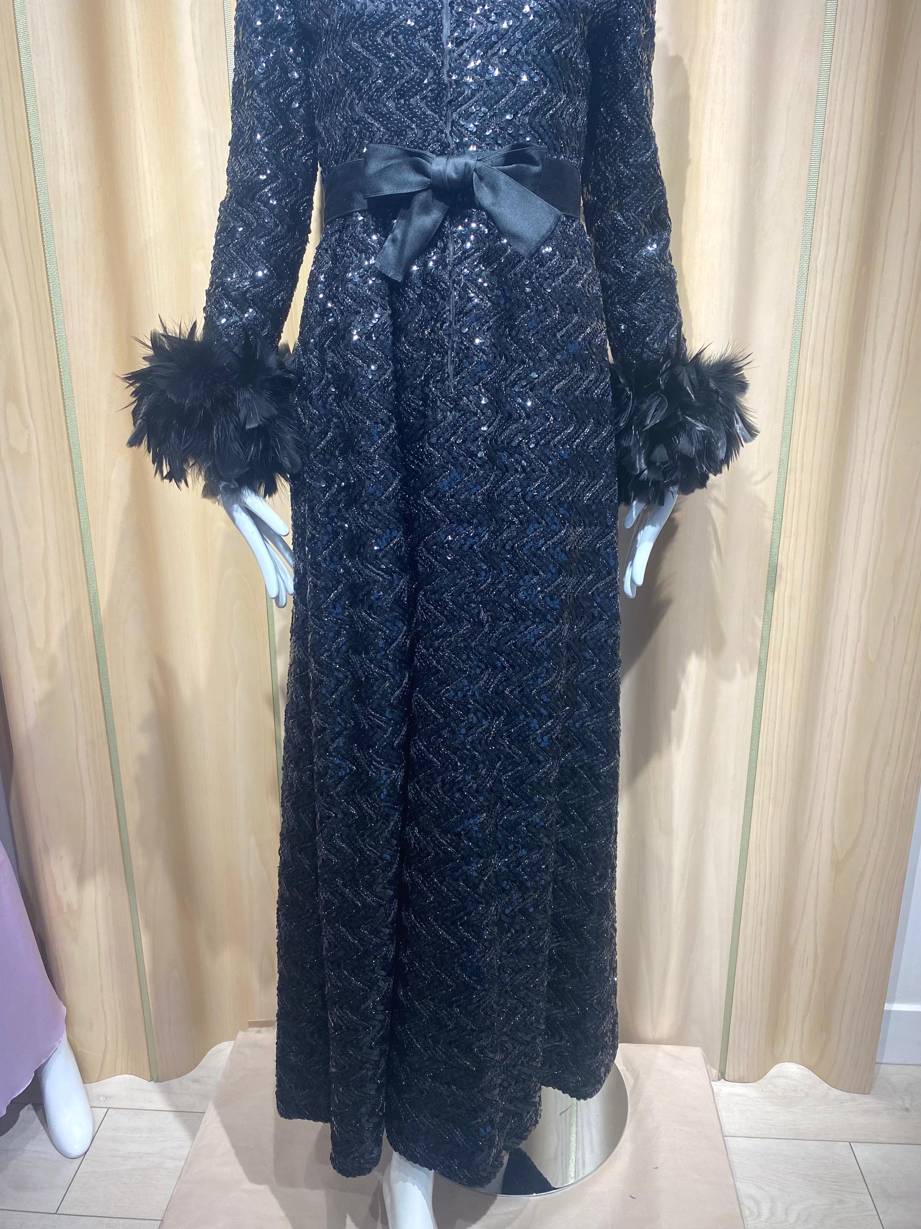1970s Oscar De La Renta Black Maxi Long Sleeve Gown with Ostrich Collar In Good Condition In Beverly Hills, CA