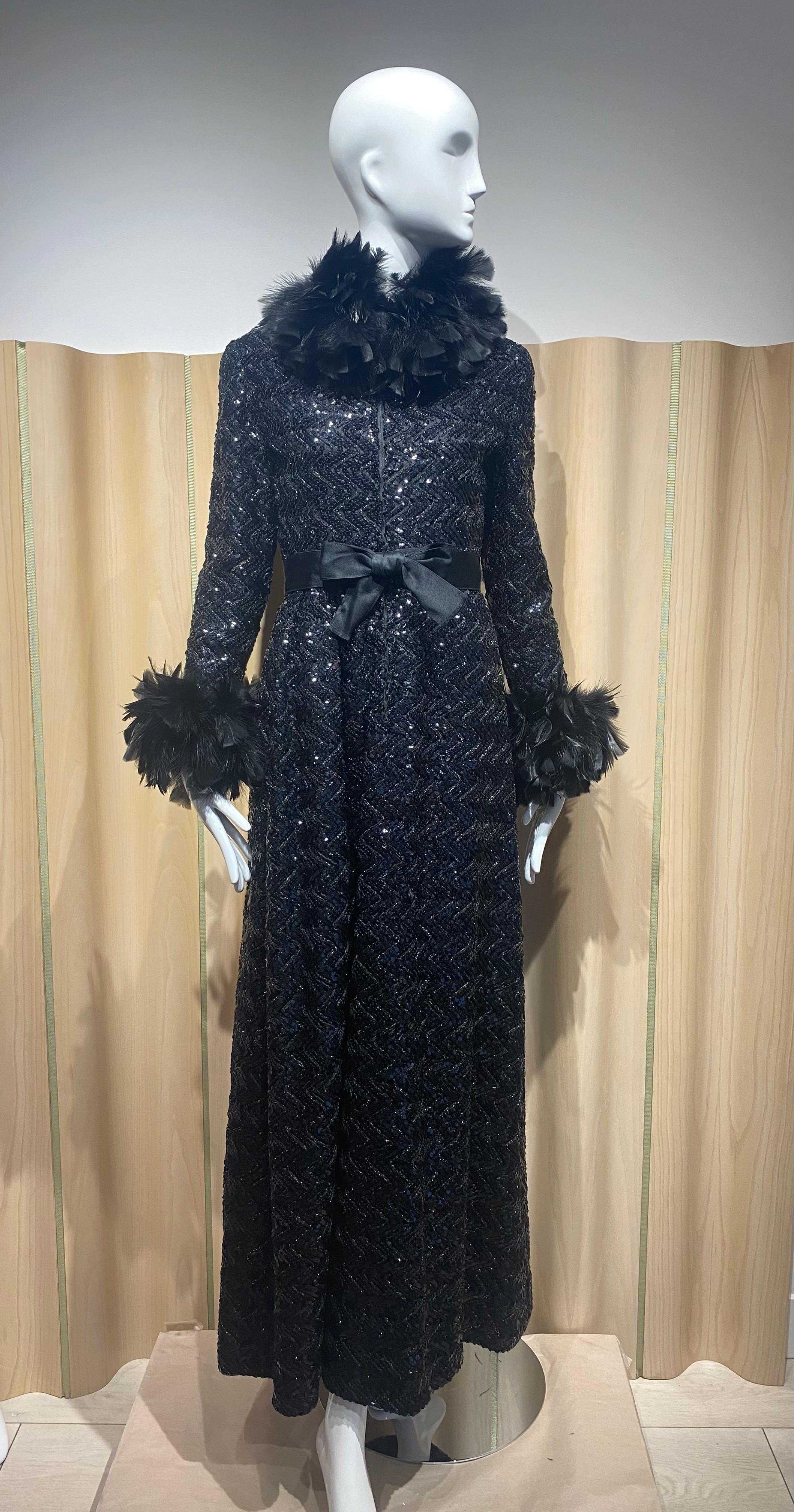 1970s Oscar De La Renta Black Maxi Long Sleeve Gown with Ostrich Collar 3