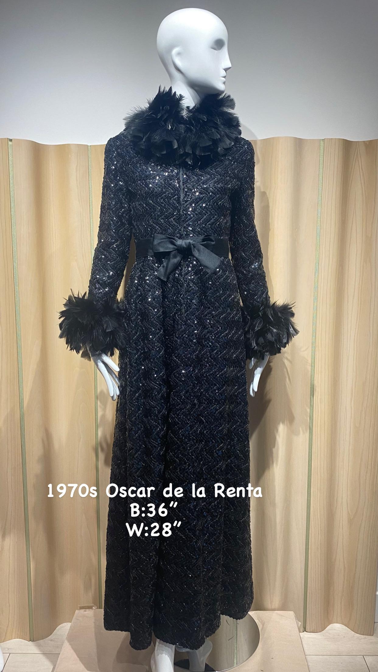1970s Oscar De La Renta Black Maxi Long Sleeve Gown with Ostrich Collar 4
