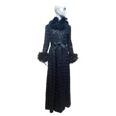 1970s Oscar De La Renta Black Maxi Long Sleeve Gown with Ostrich Collar