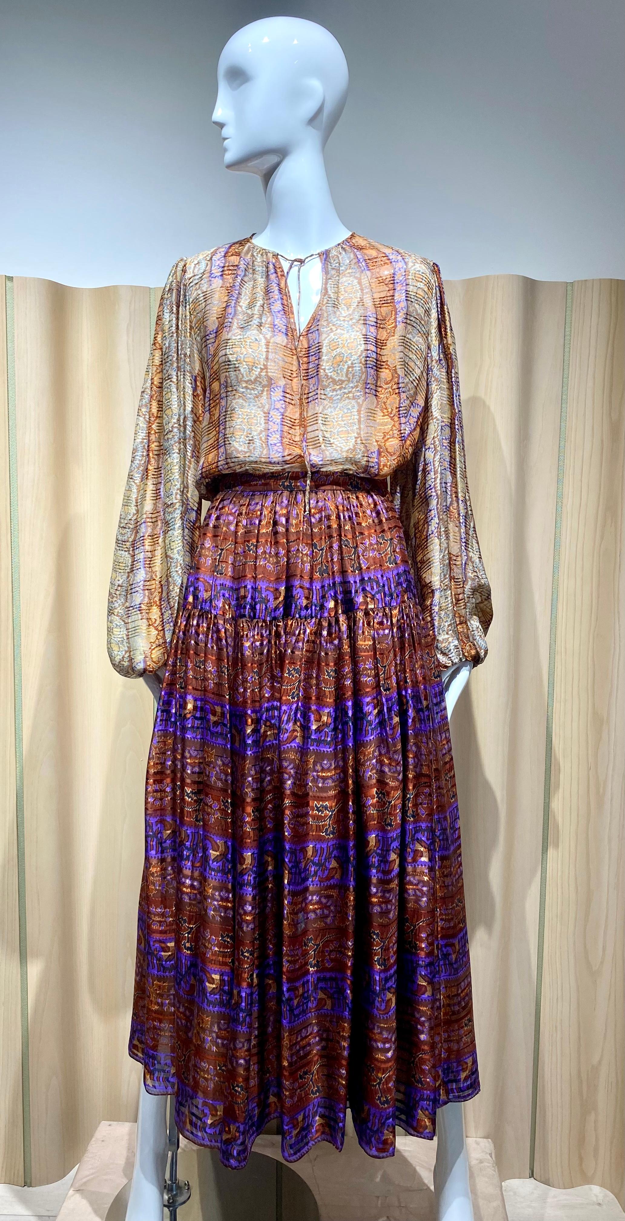 1970s Oscar de la Renta Brown and Creme Silk Long sleeve Blouse and Skirt Set at 1stDibs 1970s