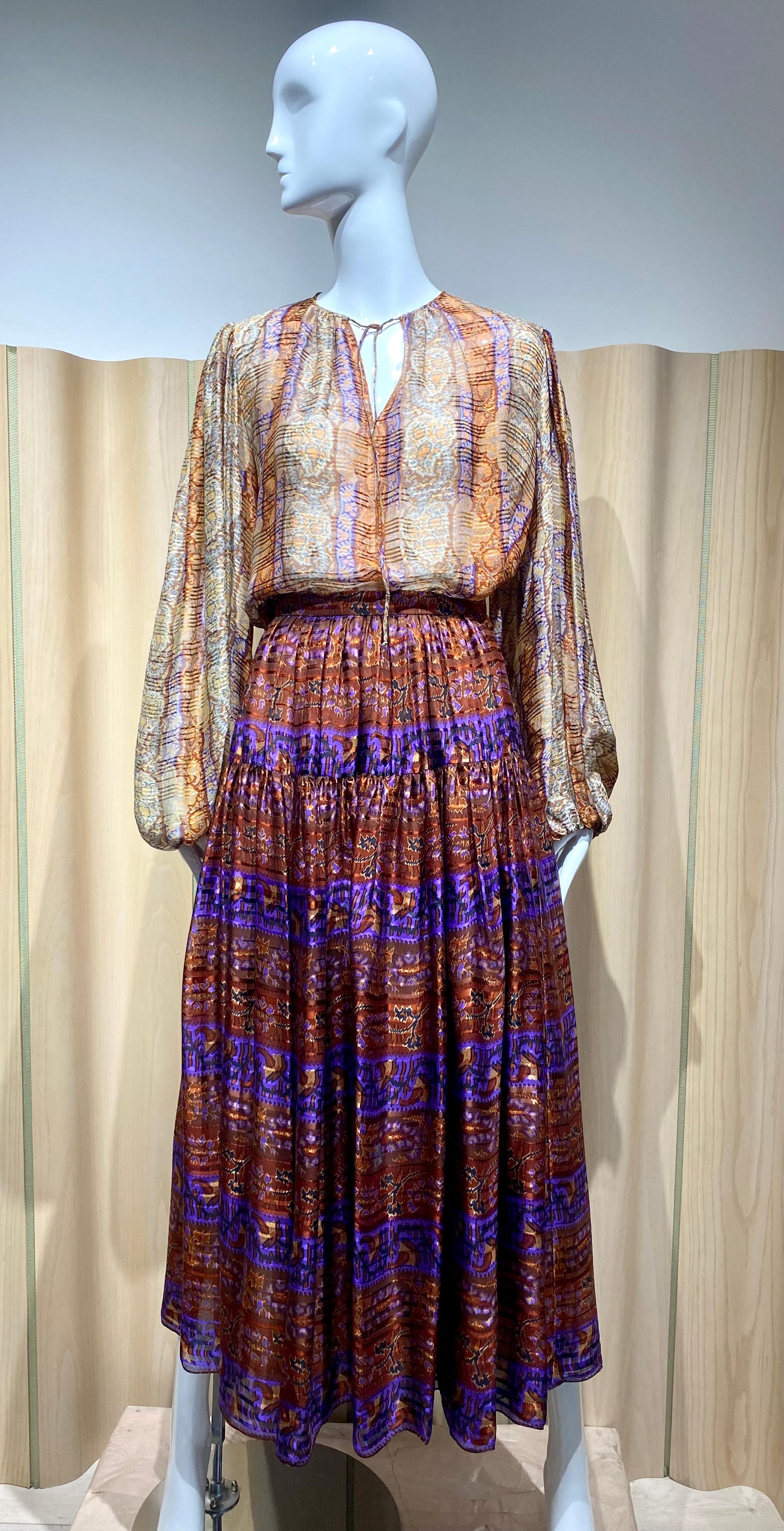 1970s Oscar de la Renta Brown and Creme Silk Long sleeve Blouse and Skirt Set 1