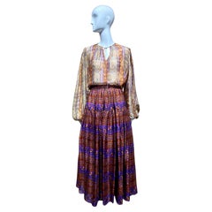 1970s Oscar de la Renta Brown and Creme Silk Long sleeve Blouse and Skirt Set