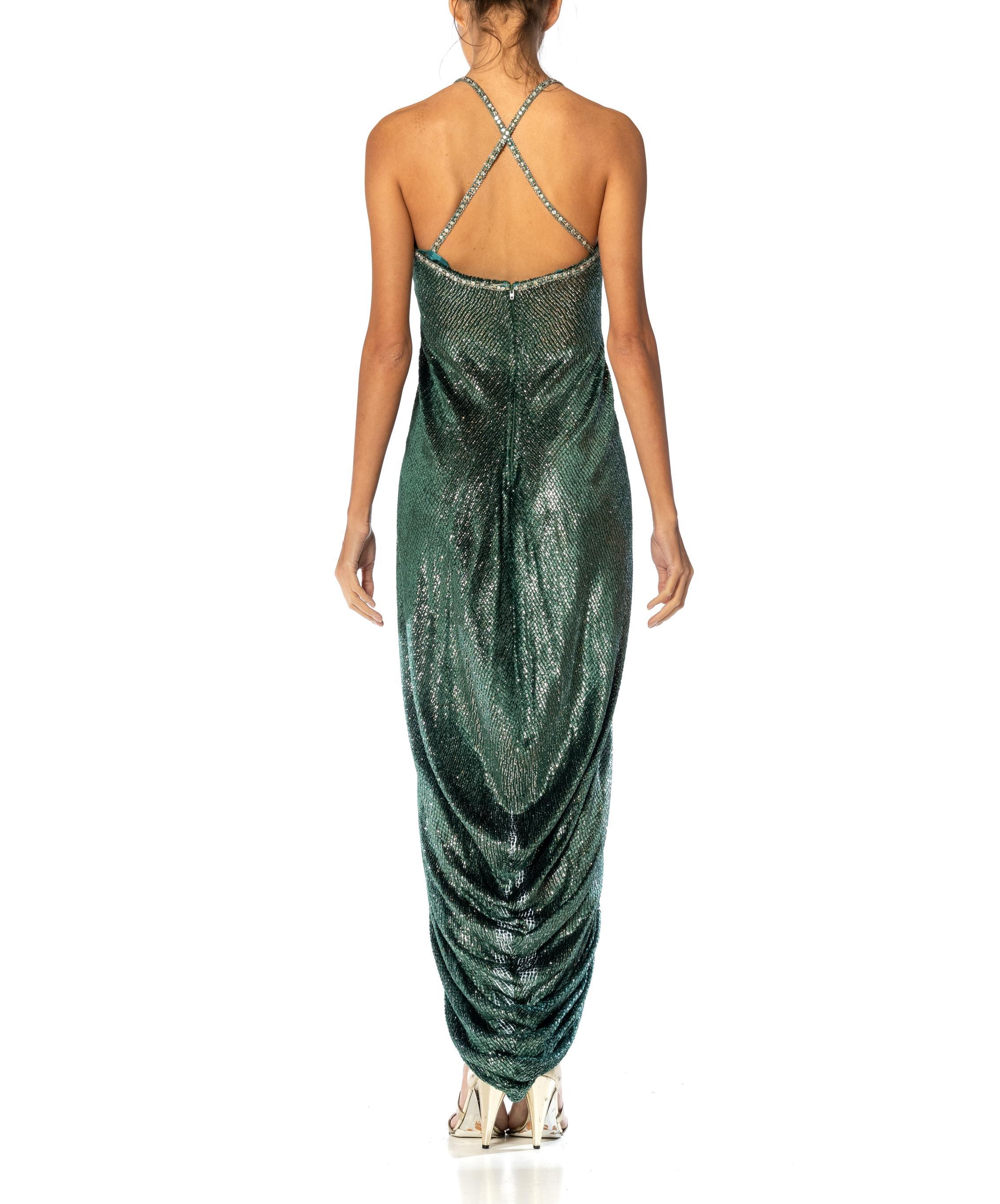 1970S OSCAR DE LA RENTA Emerald Green & Silver Silk Lurex Metallic Devoré Velve For Sale 6