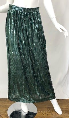 1970s Oscar de la Renta Hunter Green Silk Chiffon Sequin Vintage 70s Maxi Skirt