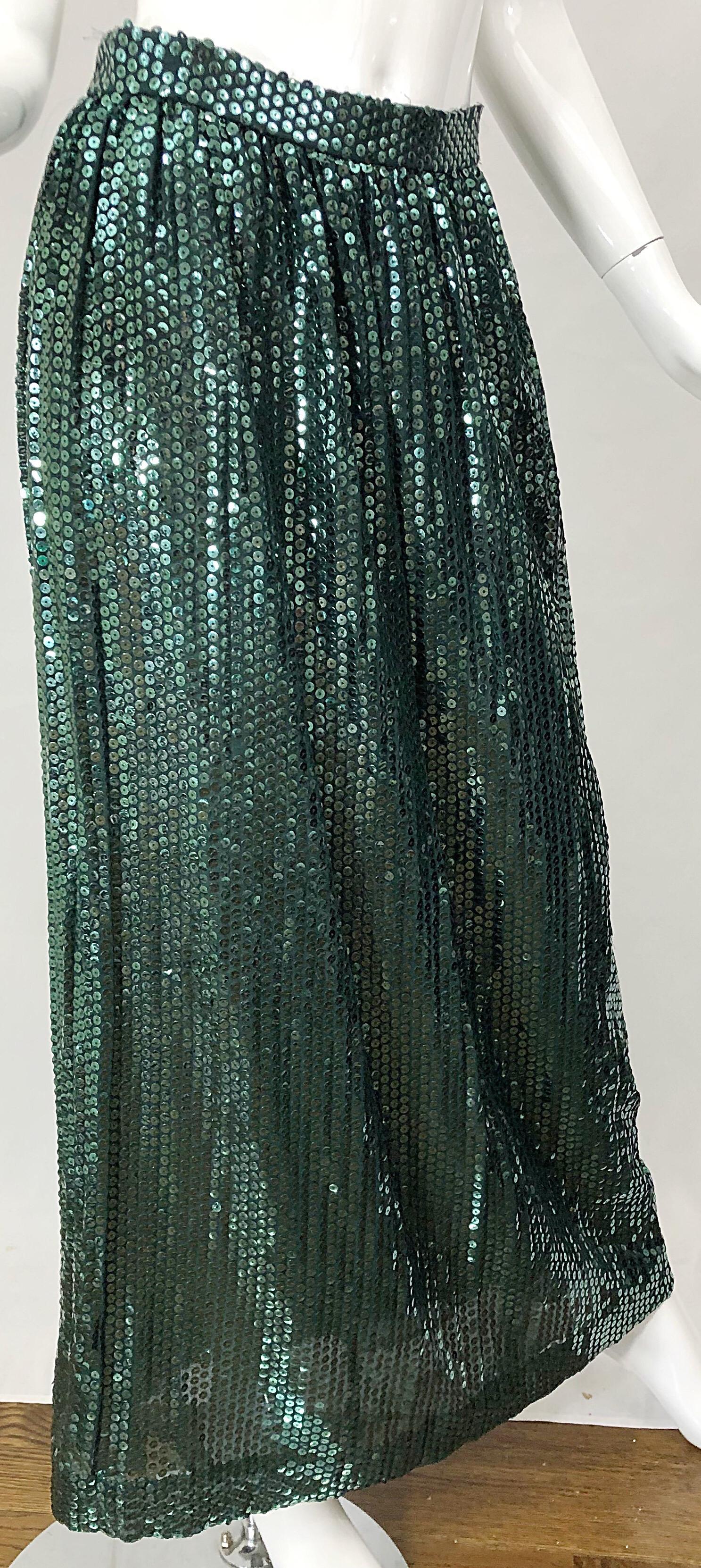 Black 1970s Oscar de la Renta Hunter Green Silk Chiffon Sequin Vintage 70s Maxi Skirt For Sale