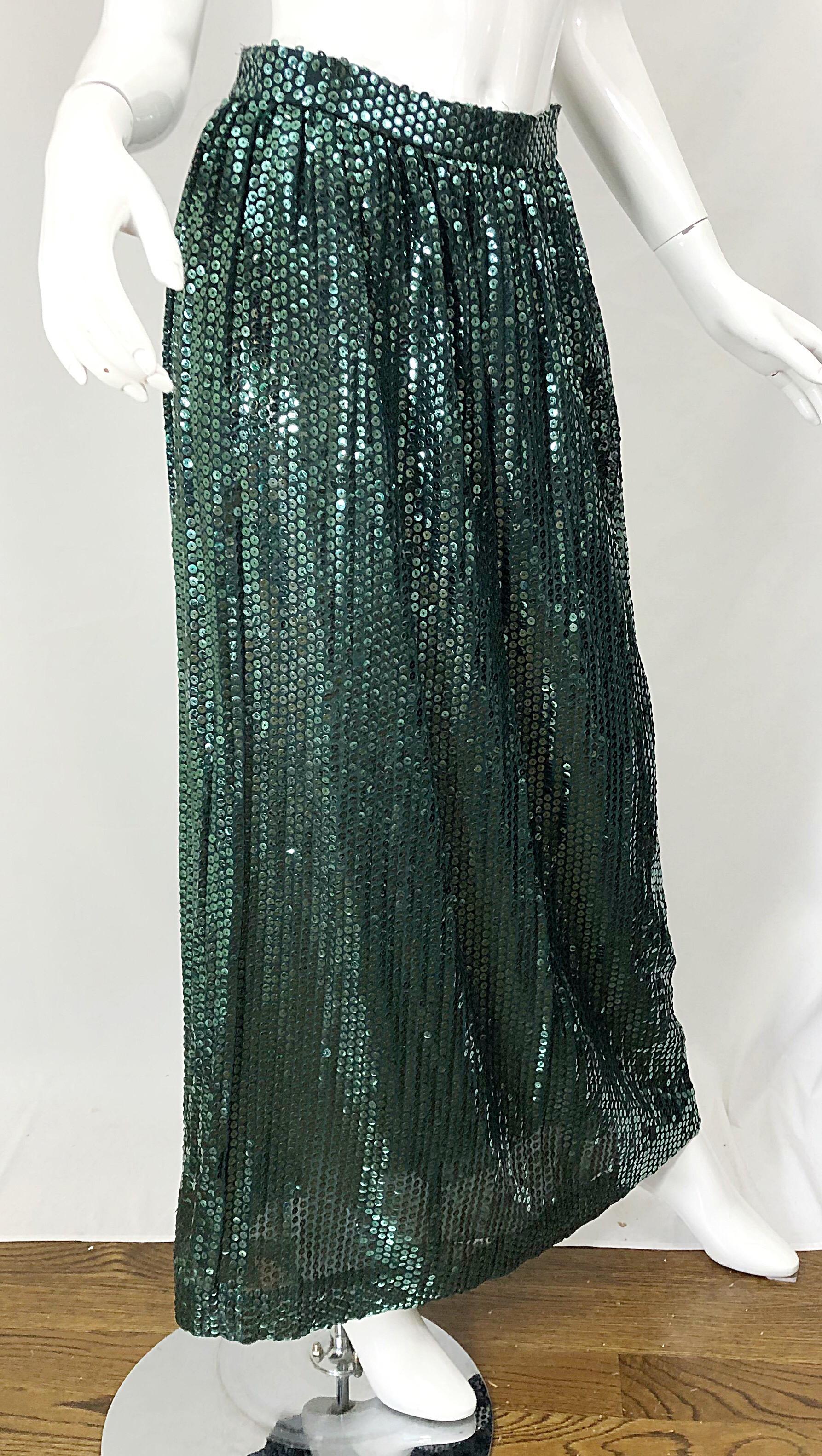 Women's 1970s Oscar de la Renta Hunter Green Silk Chiffon Sequin Vintage 70s Maxi Skirt For Sale